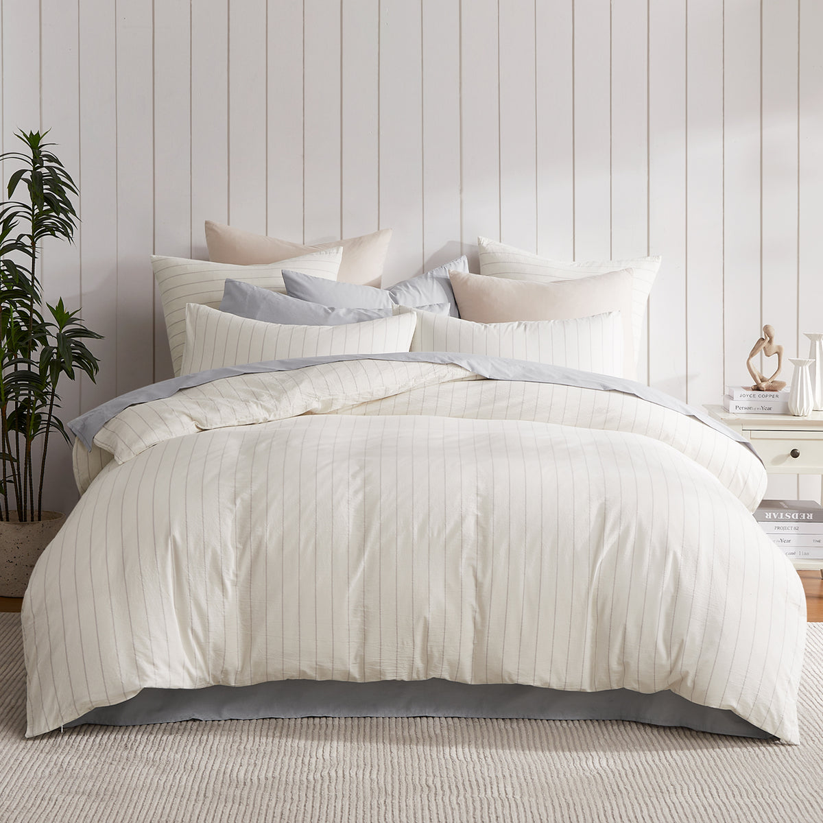 Fieldcrest Stonewashed 100% Cotton Grey Stripe Duvet Cover