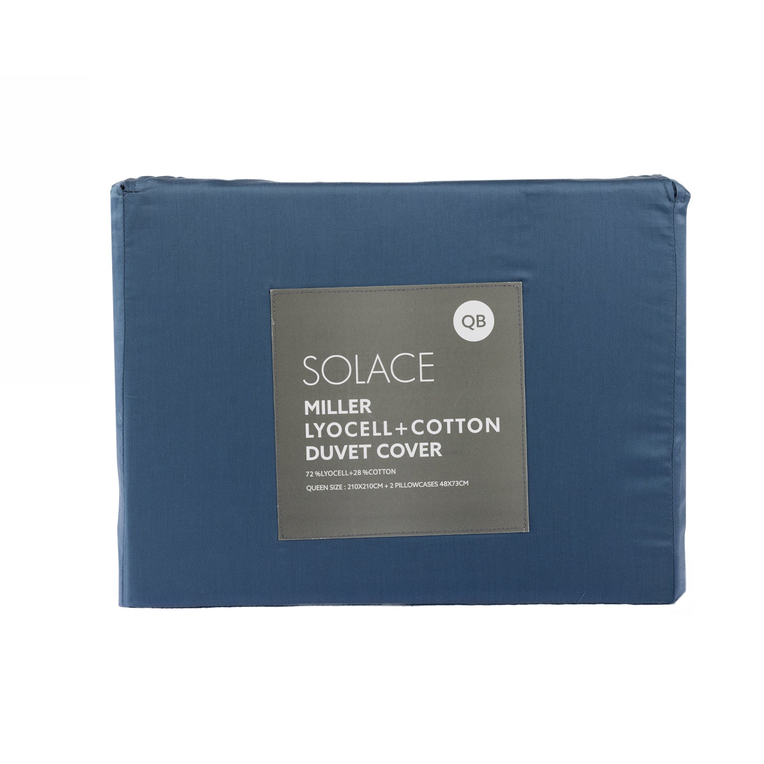 Folded navy blue lyocell and cotton duvet cover set in retail packaging with product label displayed on a light grey background.