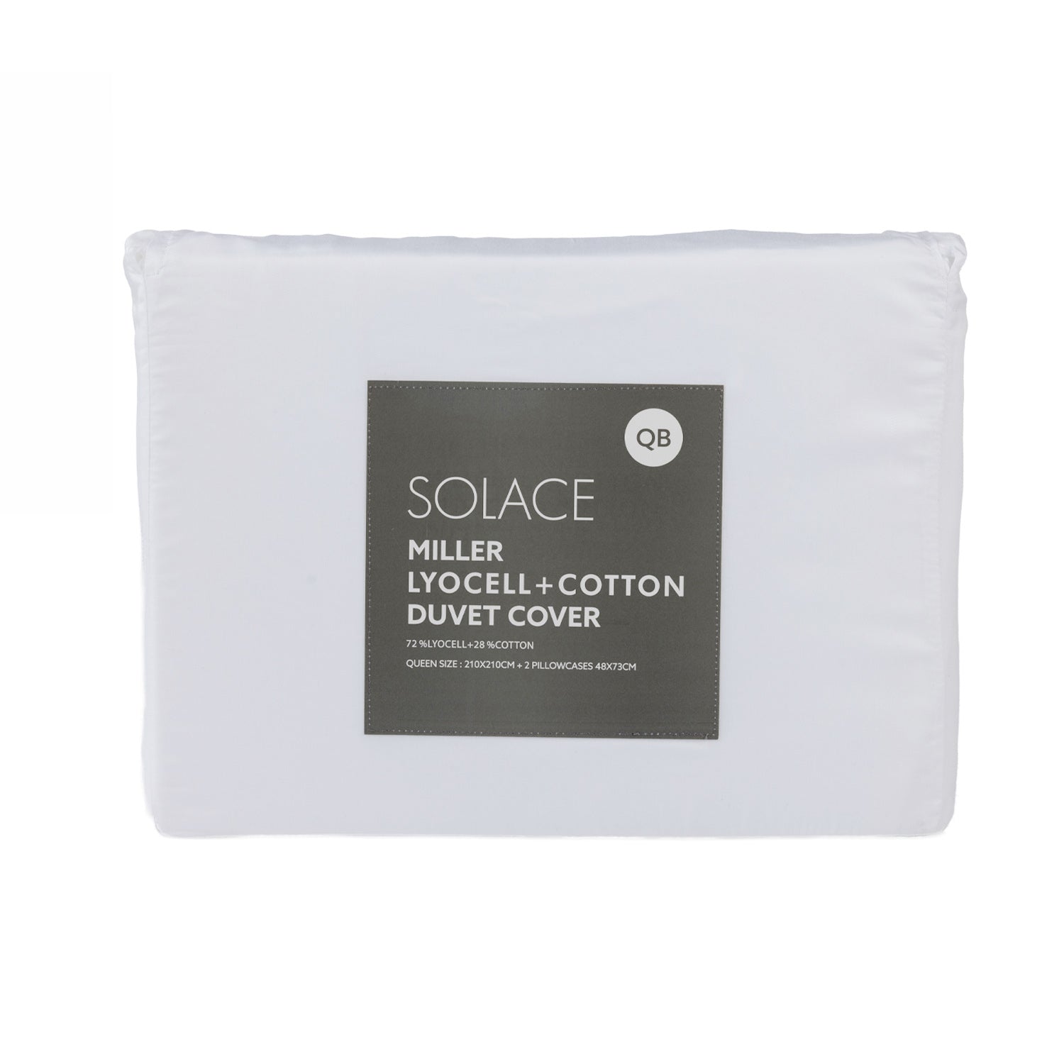 Folded white lyocell and cotton duvet cover set in retail packaging with product label displayed on a light grey background.