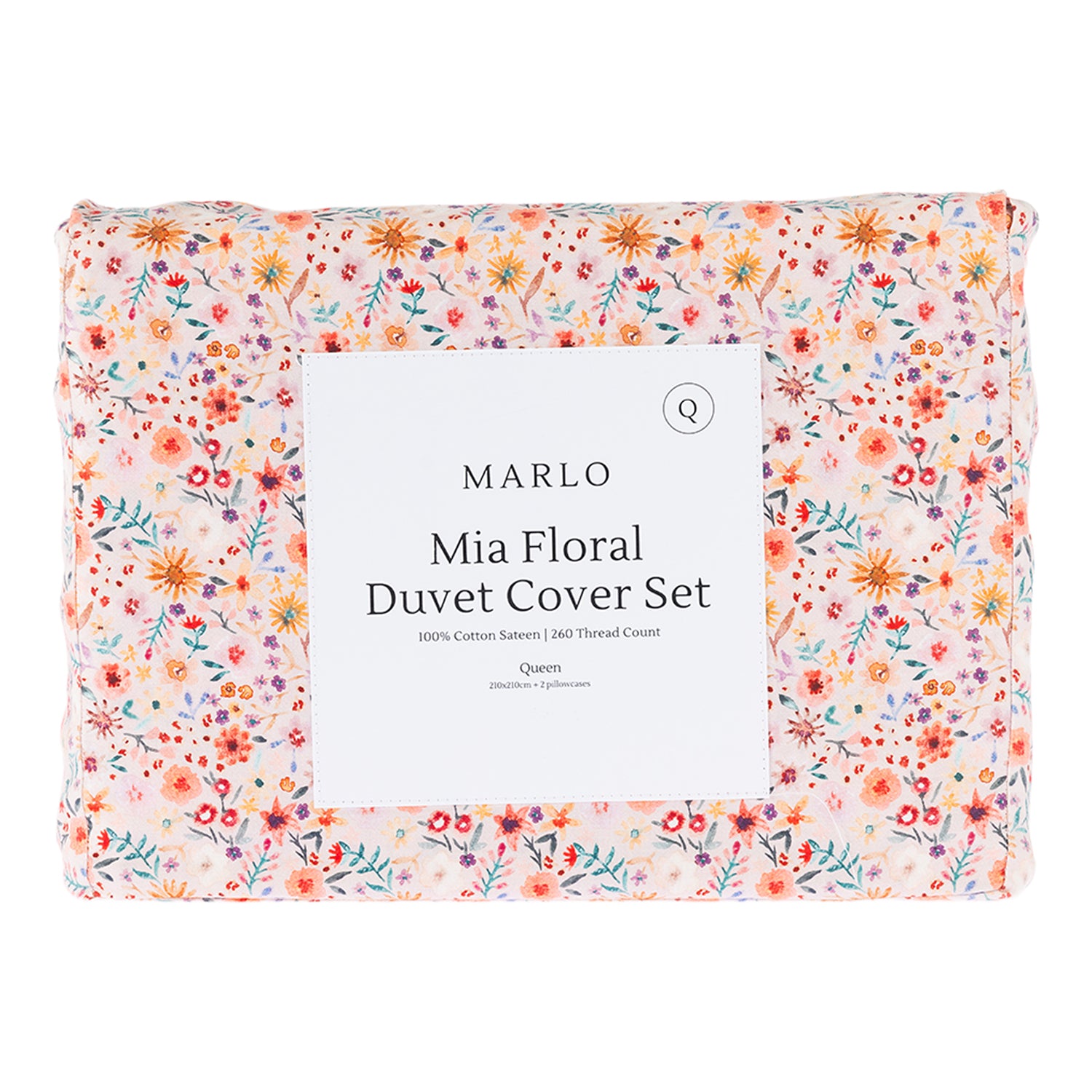 Marlo Mia Floral duvet cover set folded in packaging with multicoloured floral print design.