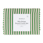 Marlo Mia Stripe duvet cover set folded in packaging with green and pink stripe design.