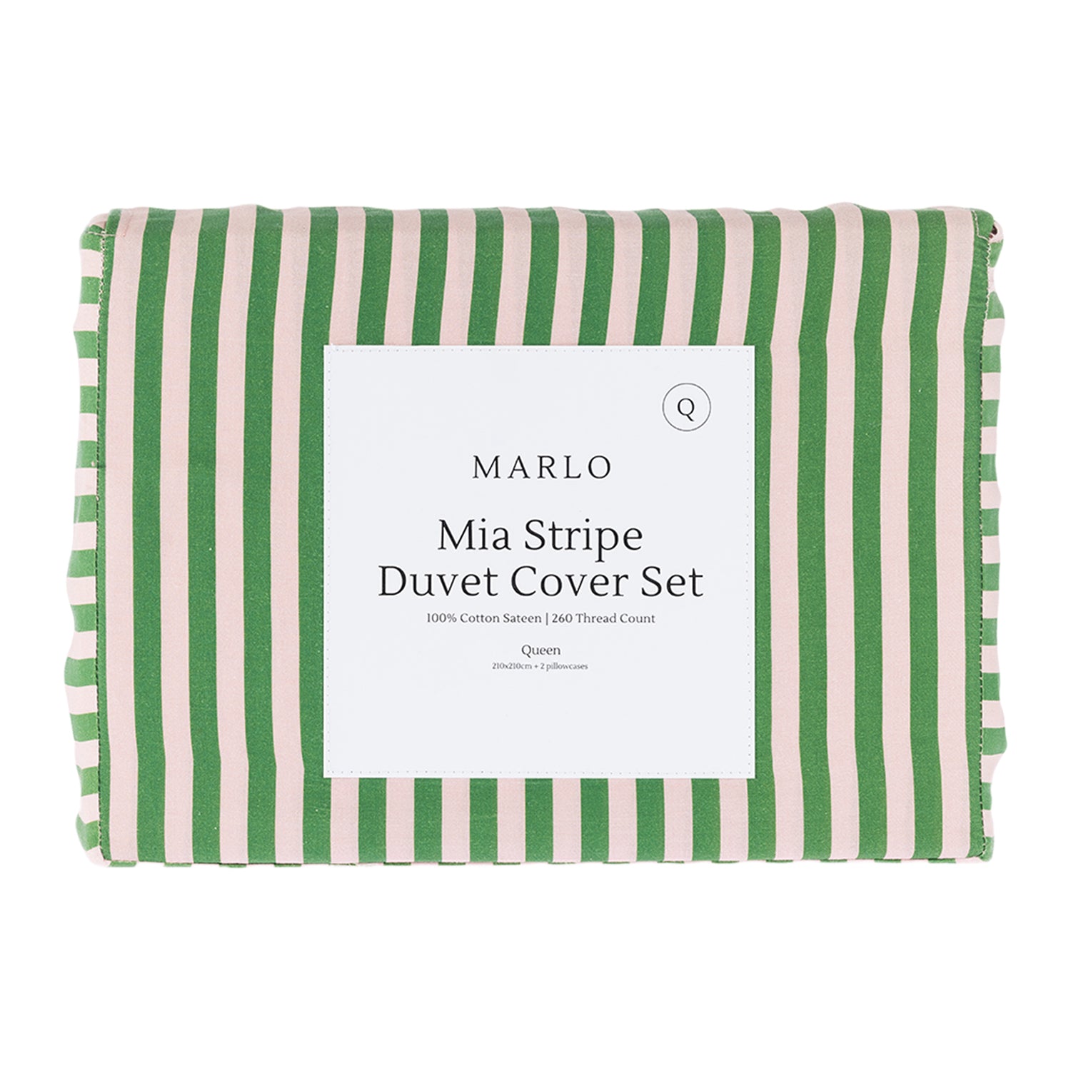 Marlo Mia Stripe duvet cover set folded in packaging with green and pink stripe design.