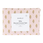 Marlo Mia Duvet Cover Set folded in packaging featuring a soft blush base with repeating botanical motif print.
