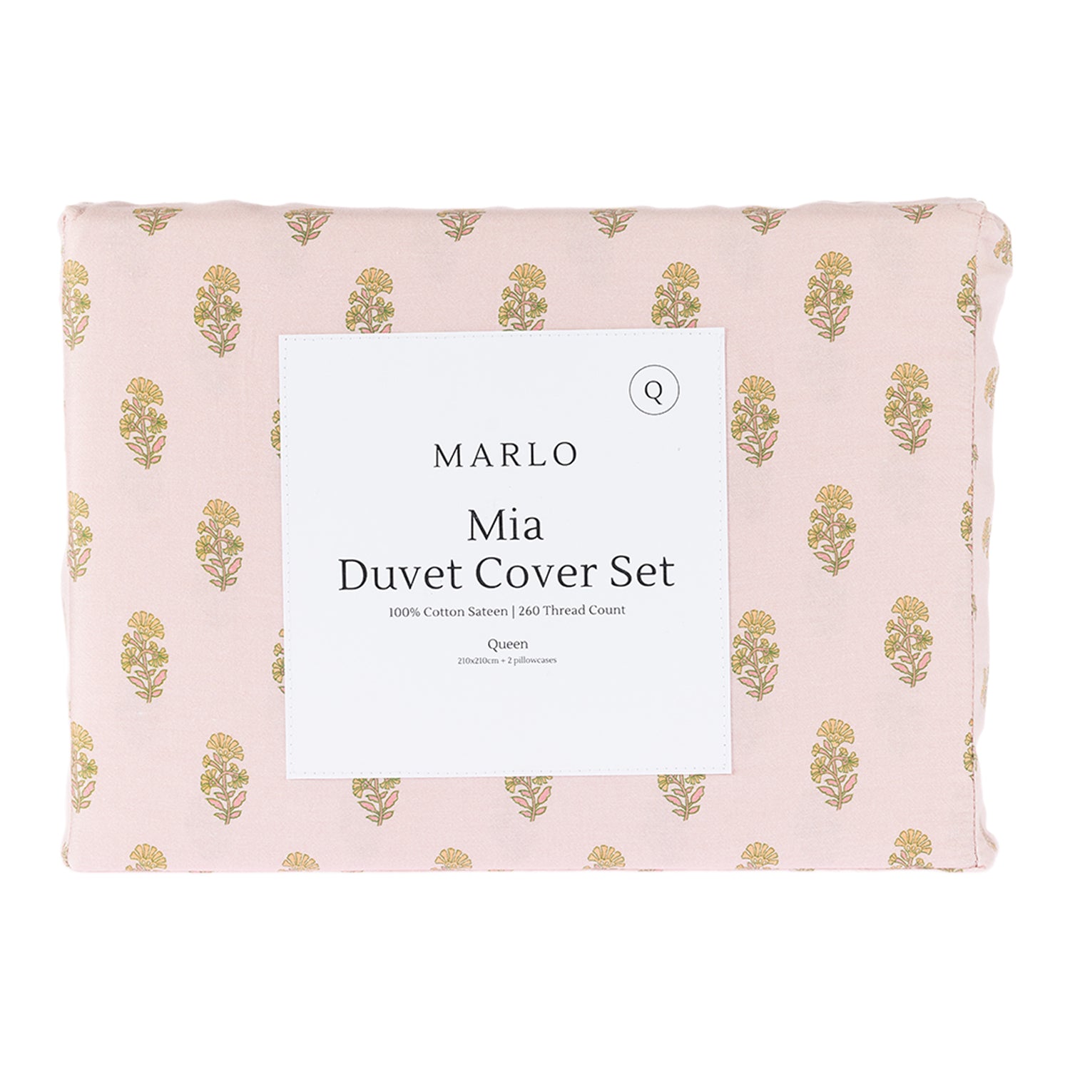 Marlo Mia Duvet Cover Set folded in packaging featuring a soft blush base with repeating botanical motif print.