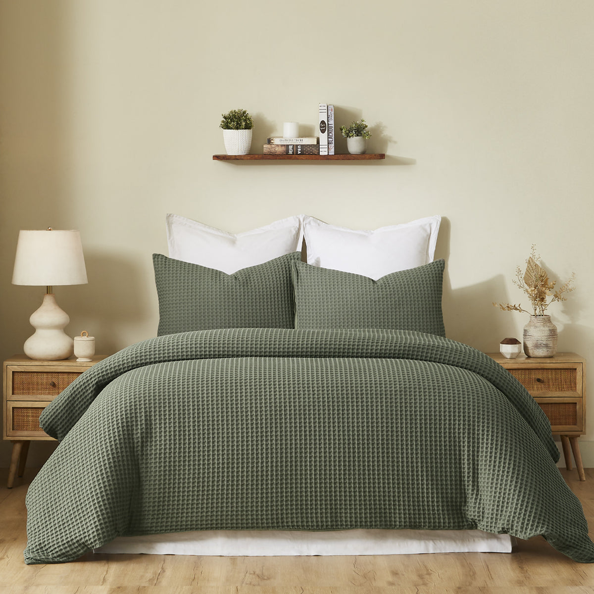 Fieldcrest Chunky Waffle Duvet Cover Set in Khaki, styled on a bed with matching textured pillowcases in a warm neutral bedroom.