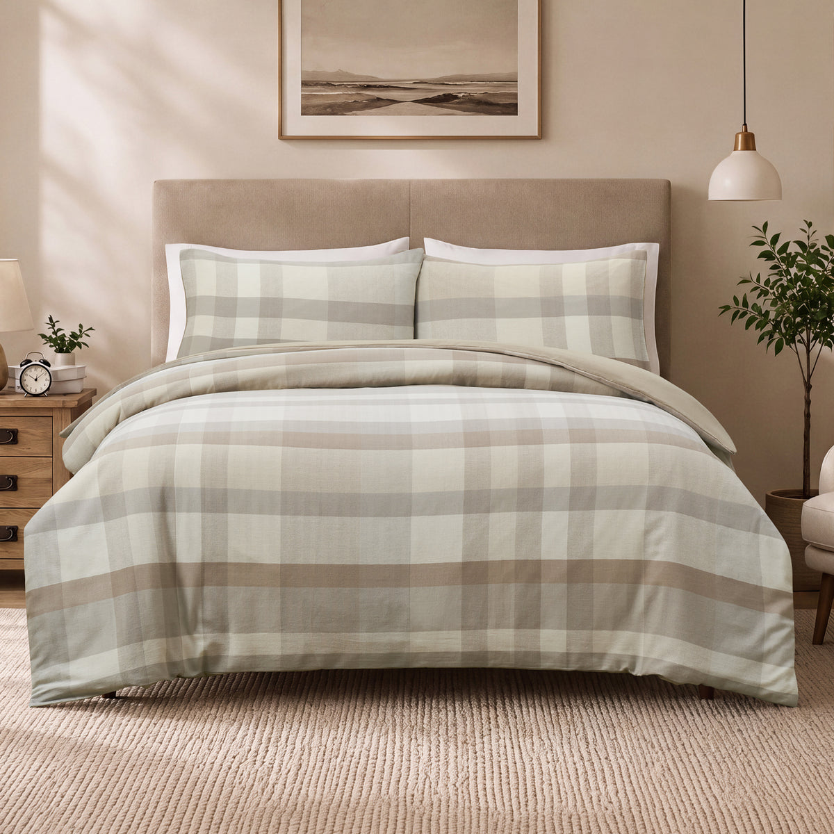 Fieldcrest Oxford Cotton Check Duvet Cover Set in Natural styled on a bed with matching pillowcases in a warm, neutral bedroom.