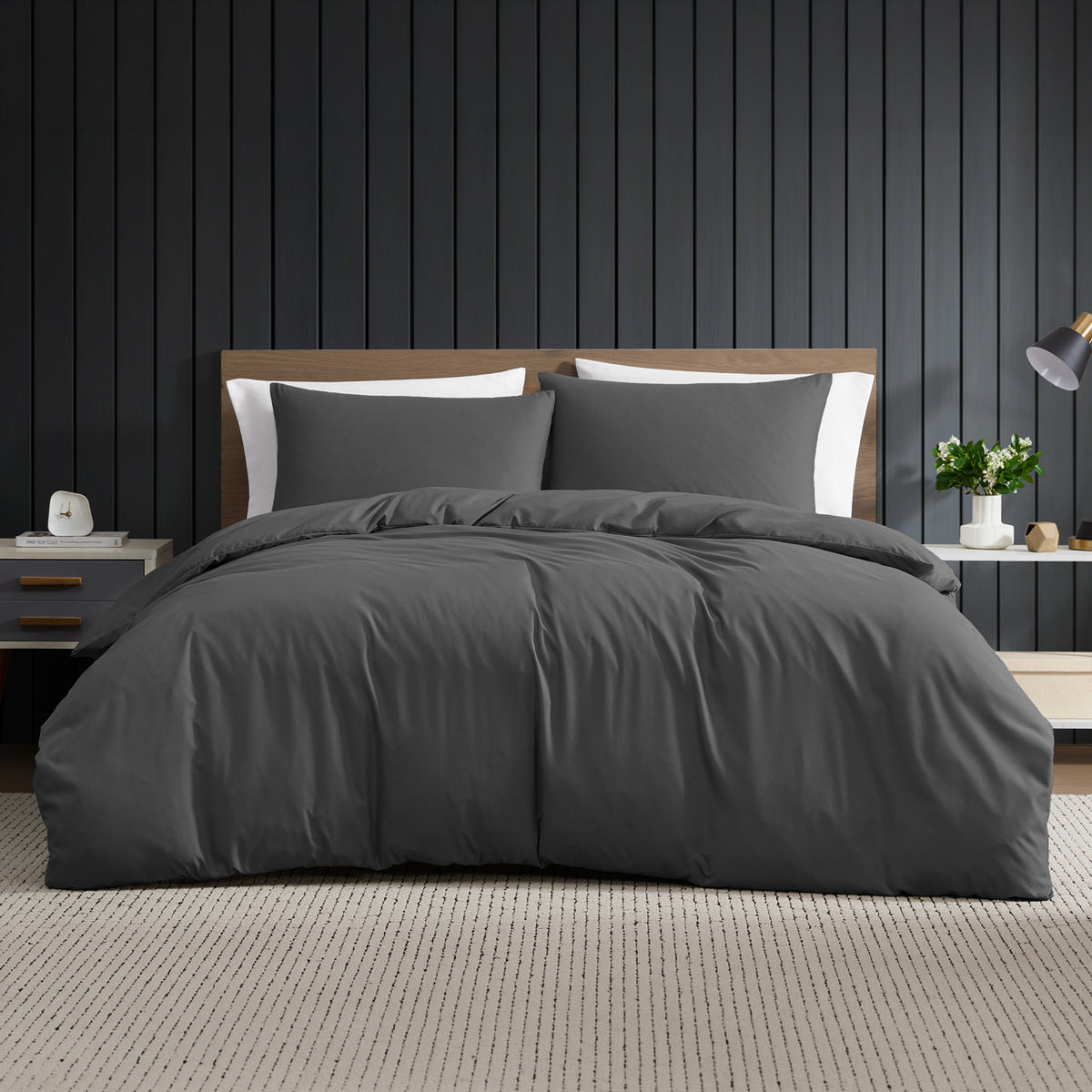 Home Co. Soft Touch Easy Care Duvet Cover Set in Charcoal, styled on a bed with coordinating pillowcases in a modern bedroom.