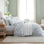 Side view of the Private Collection Hydrangea Duvet Cover Set styled in a light and airy bedroom with coordinating floral pillowcases and a white quilted throw.