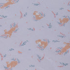 Purple kids bunny print fabric with small illustrated butterflies and leafy details.