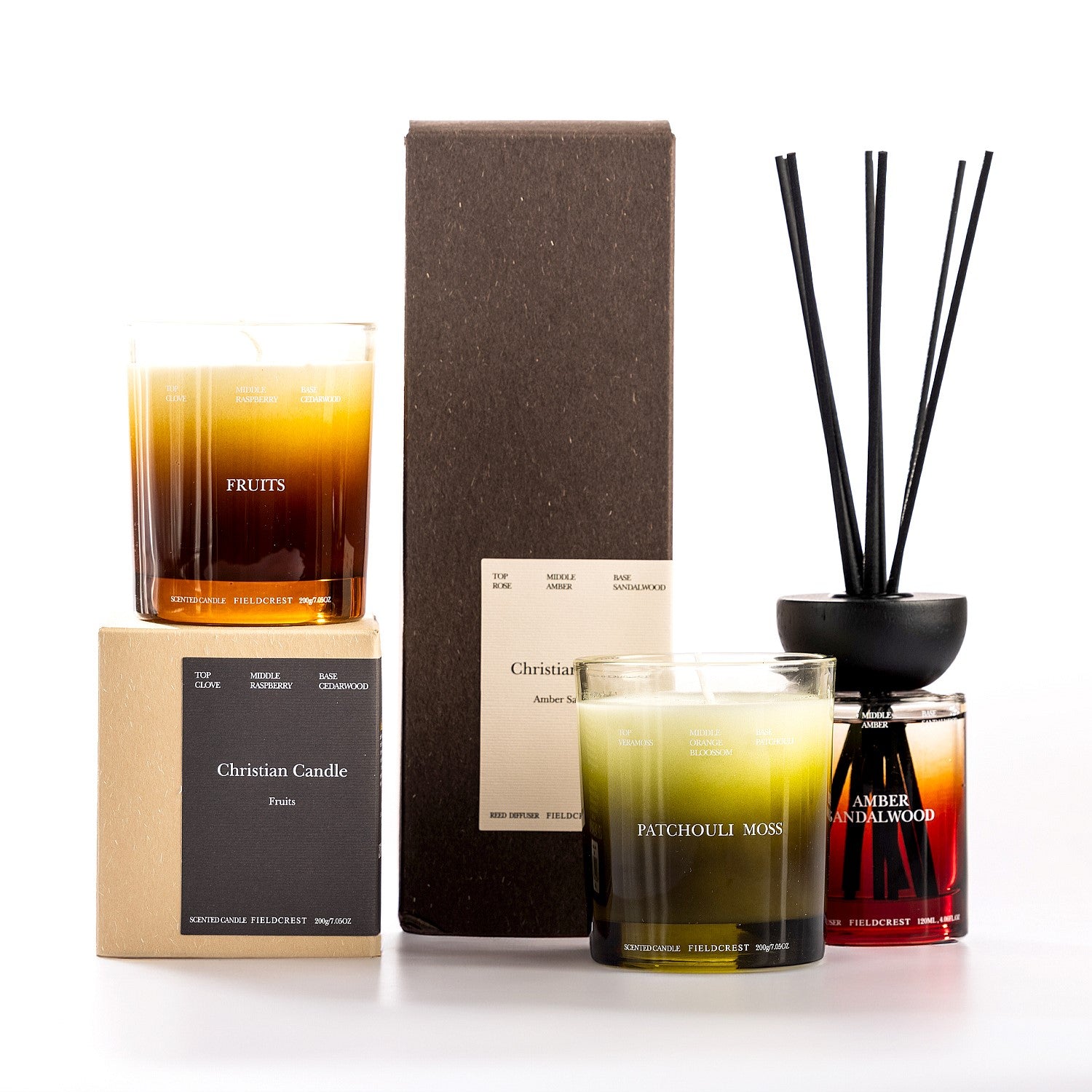 Fieldcrest Christian Candle home fragrance range with scented candles and reed diffuser.