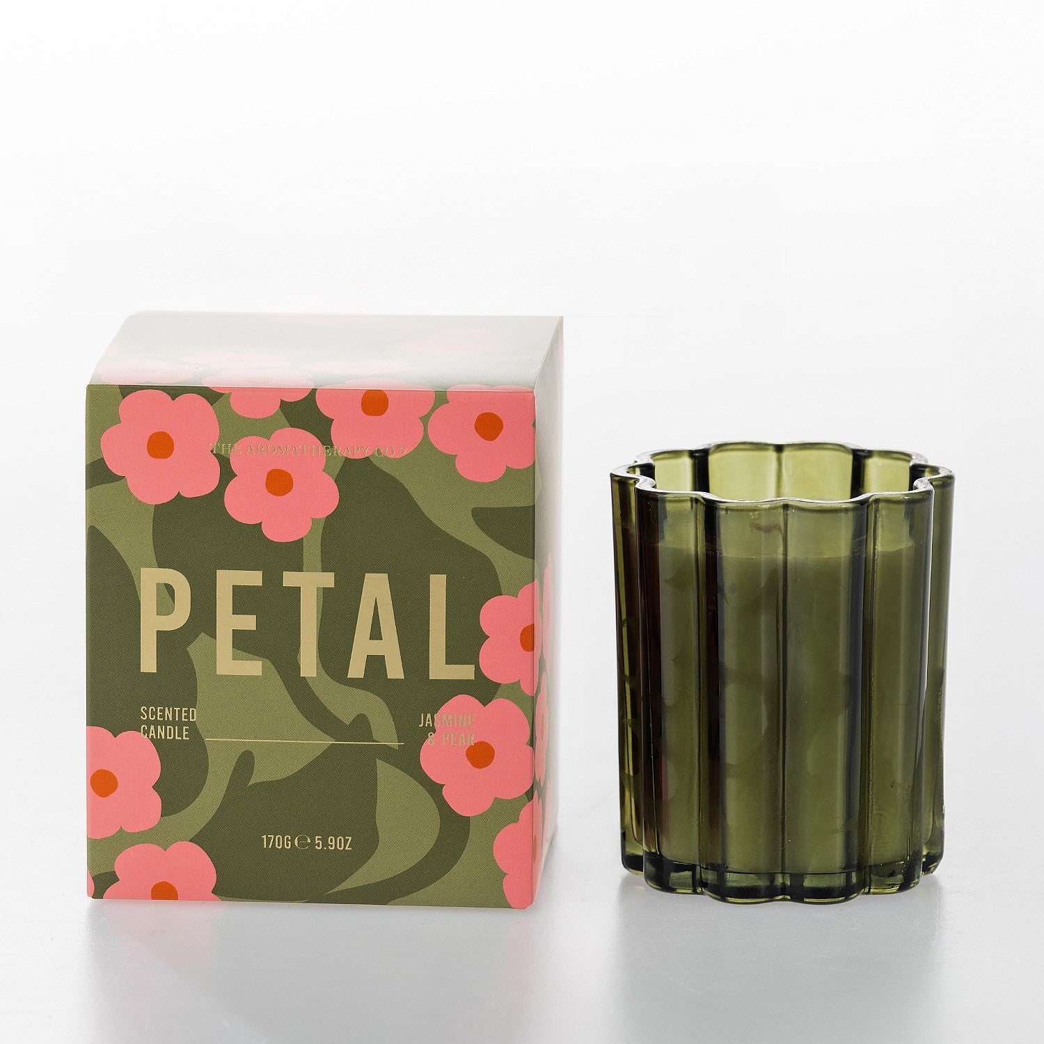 The Aromatherapy Co. Petal Jasmine & Pear scented candle with matching floral box.