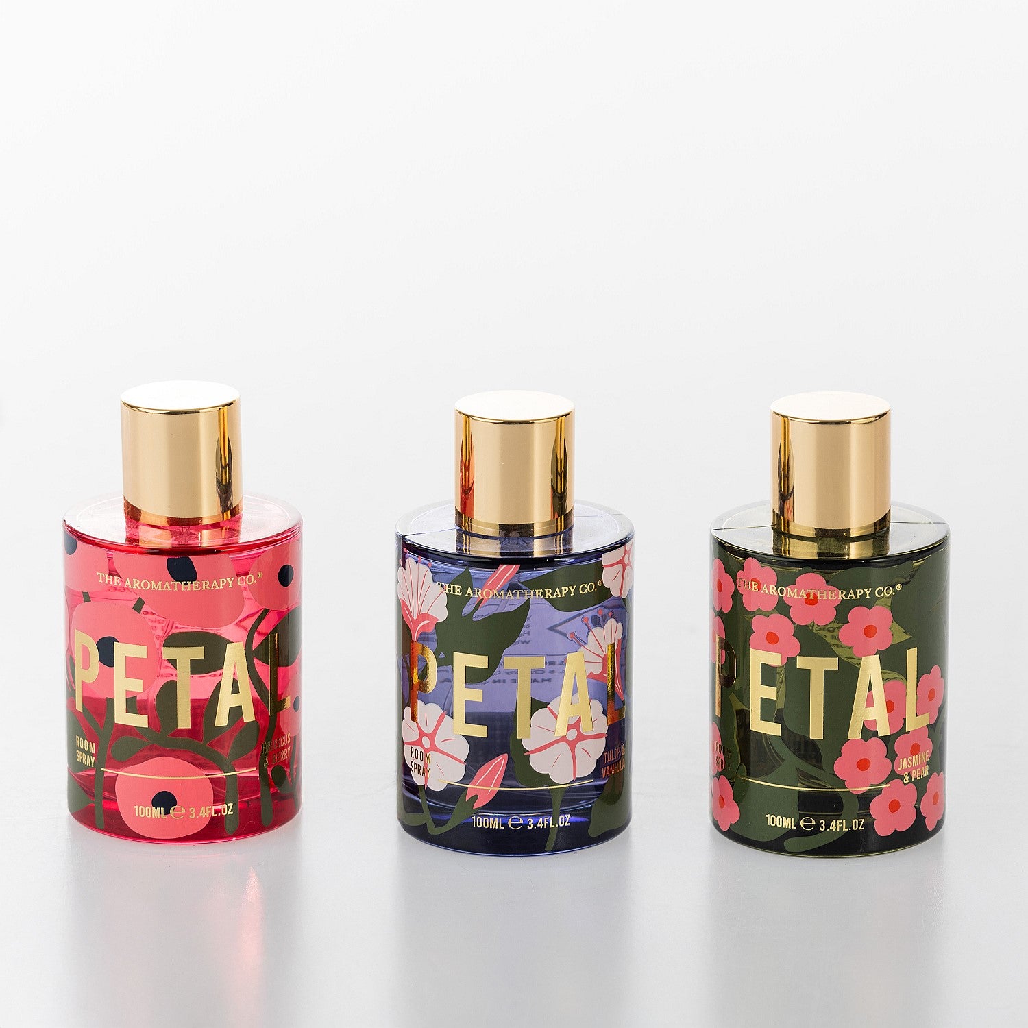 The Aromatherapy Co. Petal room sprays in Hibiscus & Berry, Tulip & Vanilla, and Jasmine & Pear.