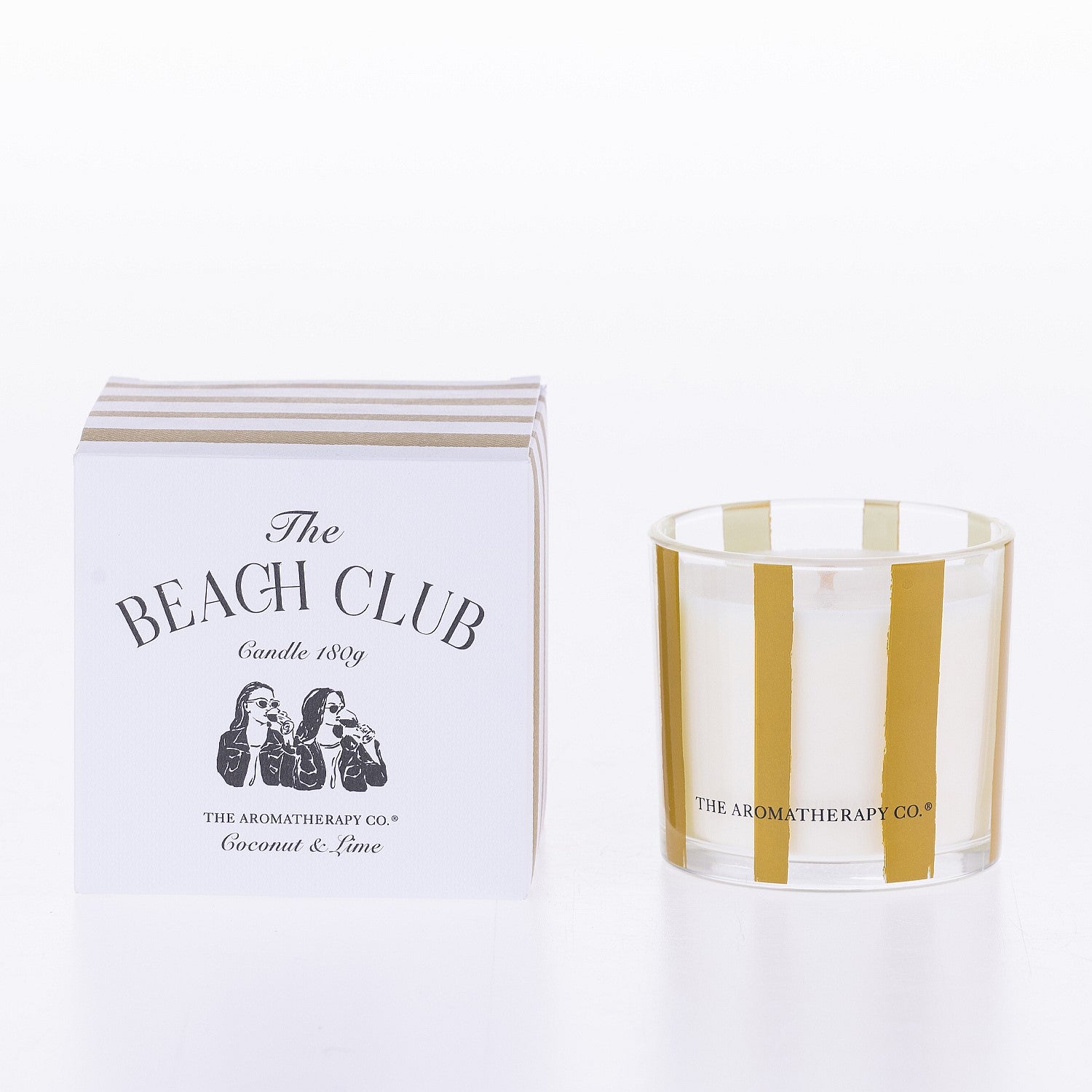 The Aromatherapy Co. The Beach Club coconut and lime 180g candle with matching striped box on a white background.