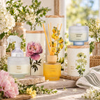 A styled collection of home fragrance products including a room spray, reed diffuser and jar candle, arranged on a stone surface with flowers and greenery in a bright, sunlit setting.