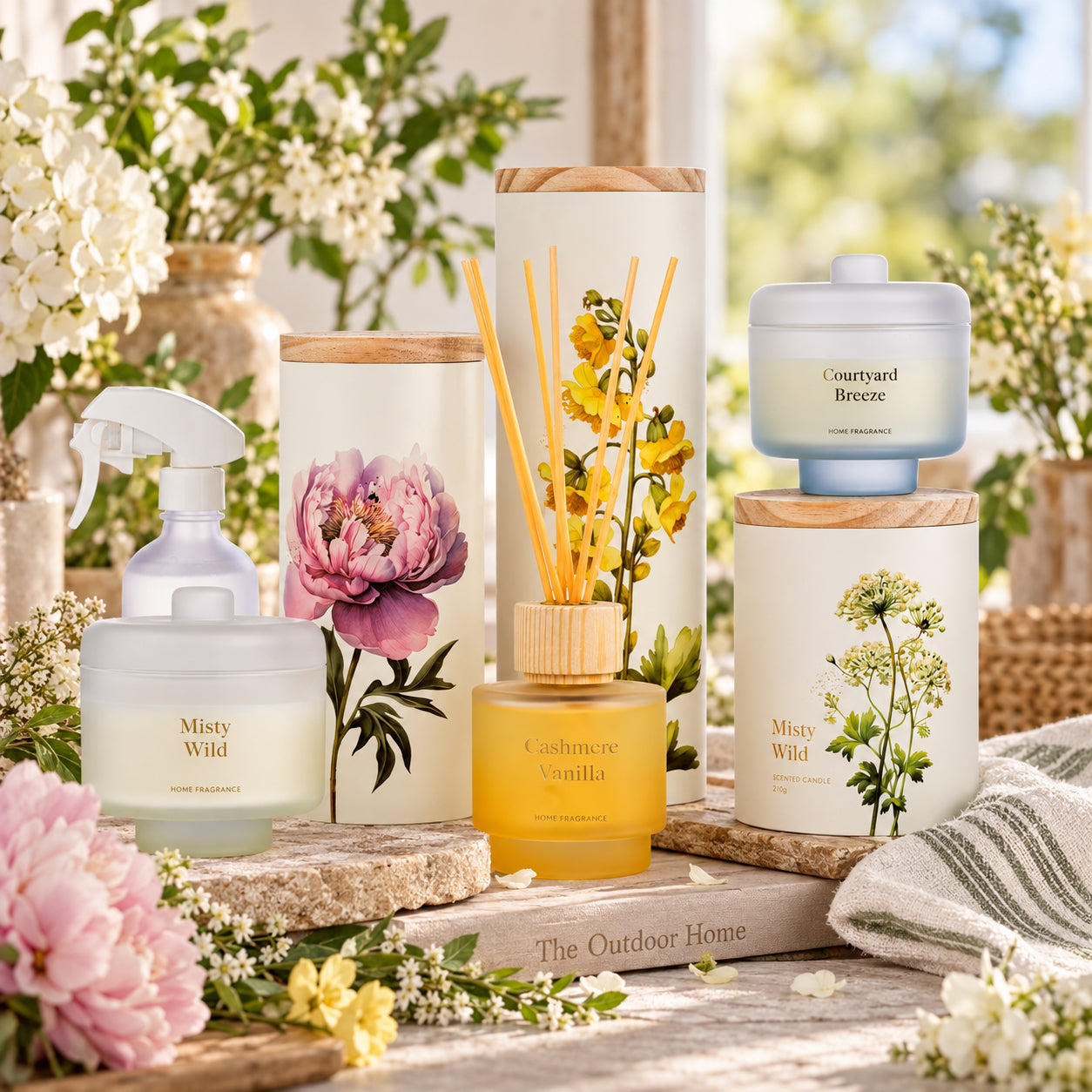 A styled collection of home fragrance products including a room spray, reed diffuser and jar candle, arranged on a stone surface with flowers and greenery in a bright, sunlit setting.