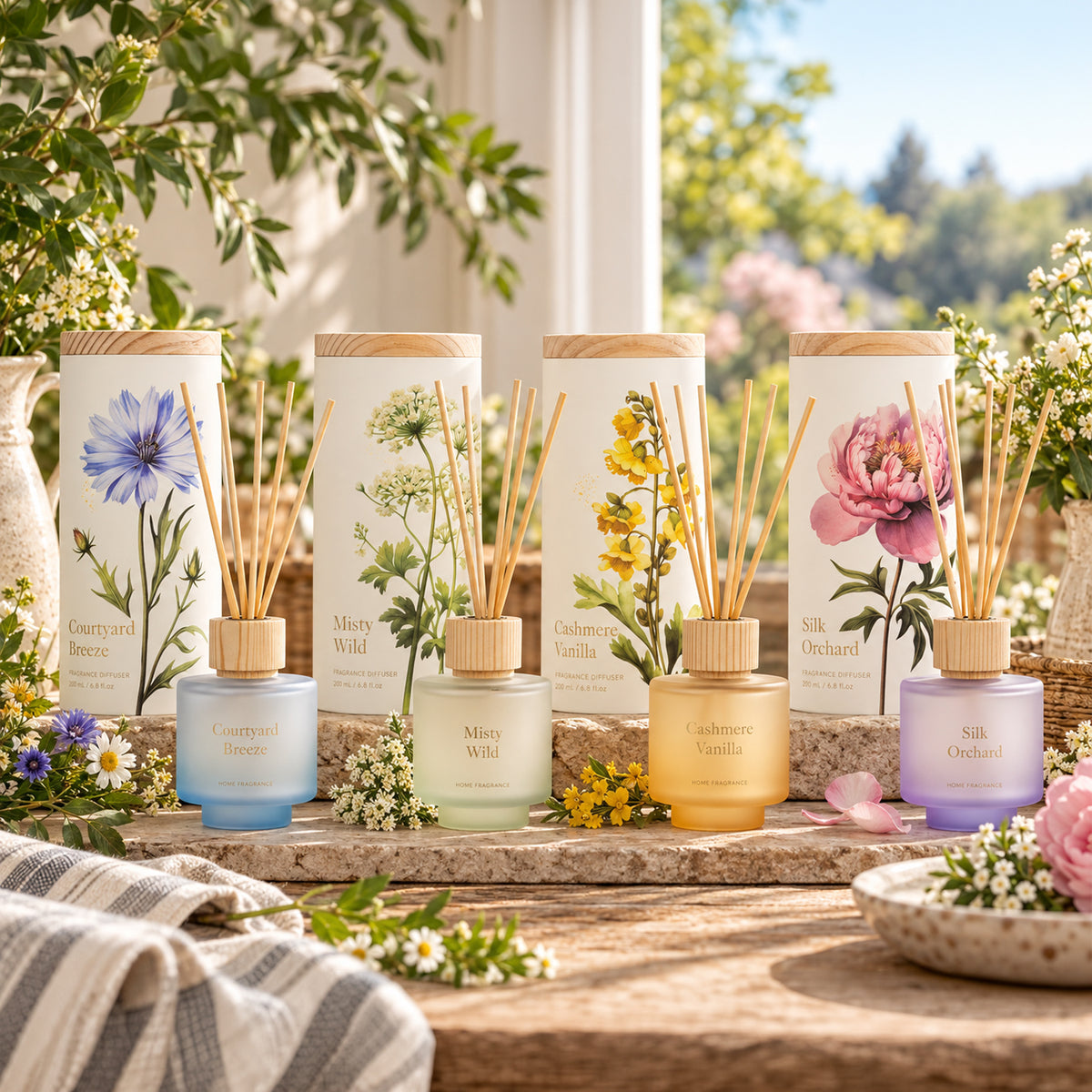Four decorative diffusers with matching cylindrical holders are arranged on a stone surface, surrounded by flowers and greenery.