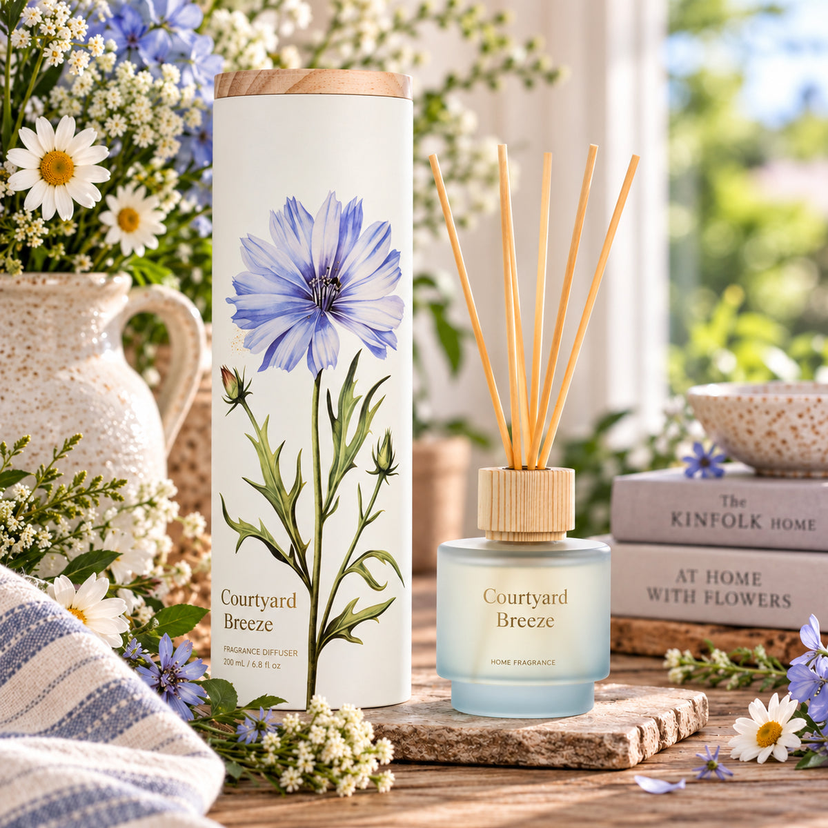 A frosted glass with reeds diffuser shown in a styled indoor setting with flowers.