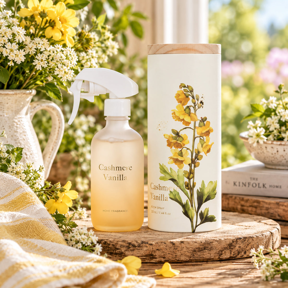 A frosted glass room spray shown in a styled indoor setting with flowers.