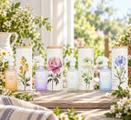 Four decorative room sprays with matching cylindrical holders are arranged on a surface, surrounded by flowers and greenery.