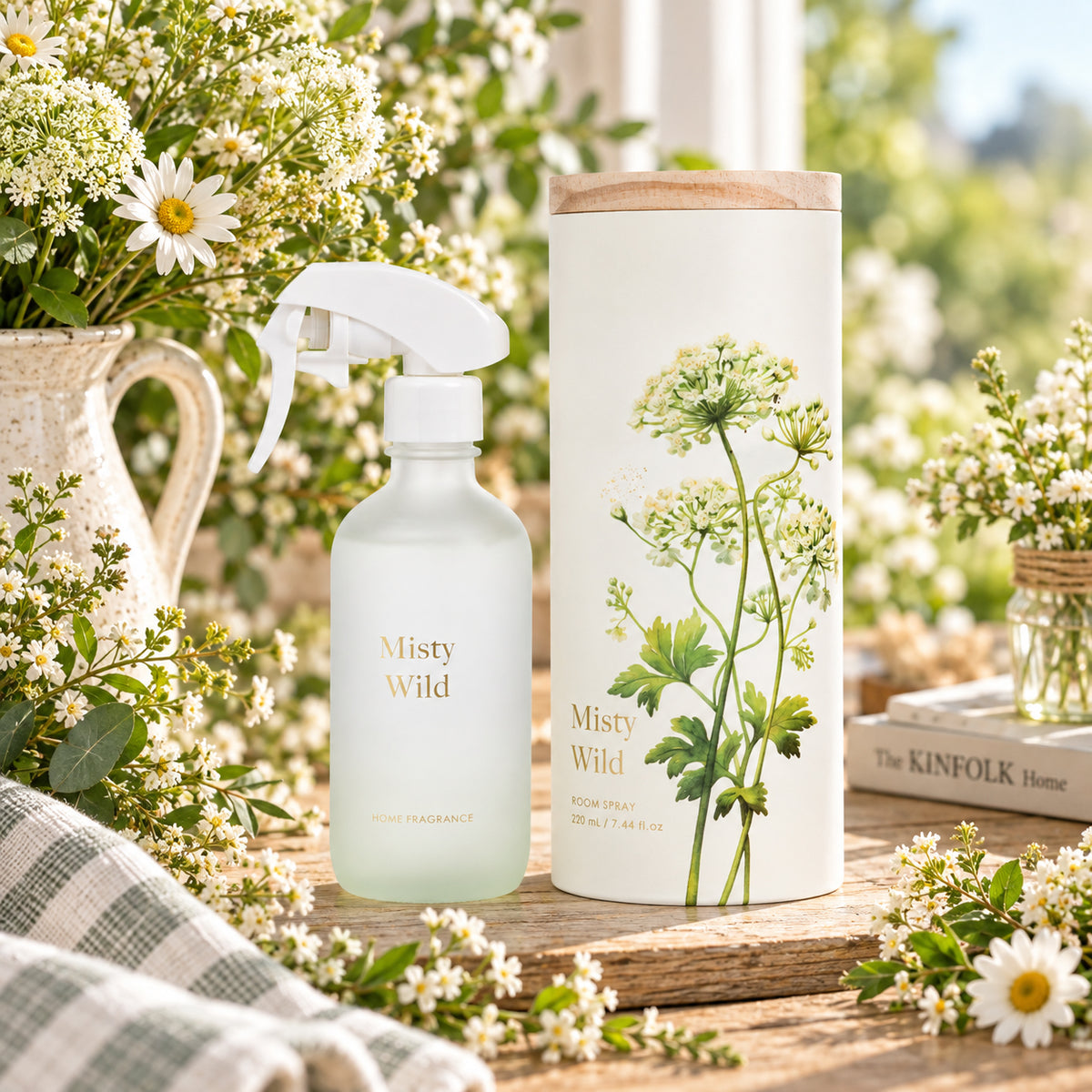 A frosted glass room spray shown in a styled indoor setting with flowers.