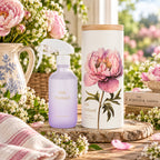 A frosted glass room spray shown in a styled indoor setting with flowers.