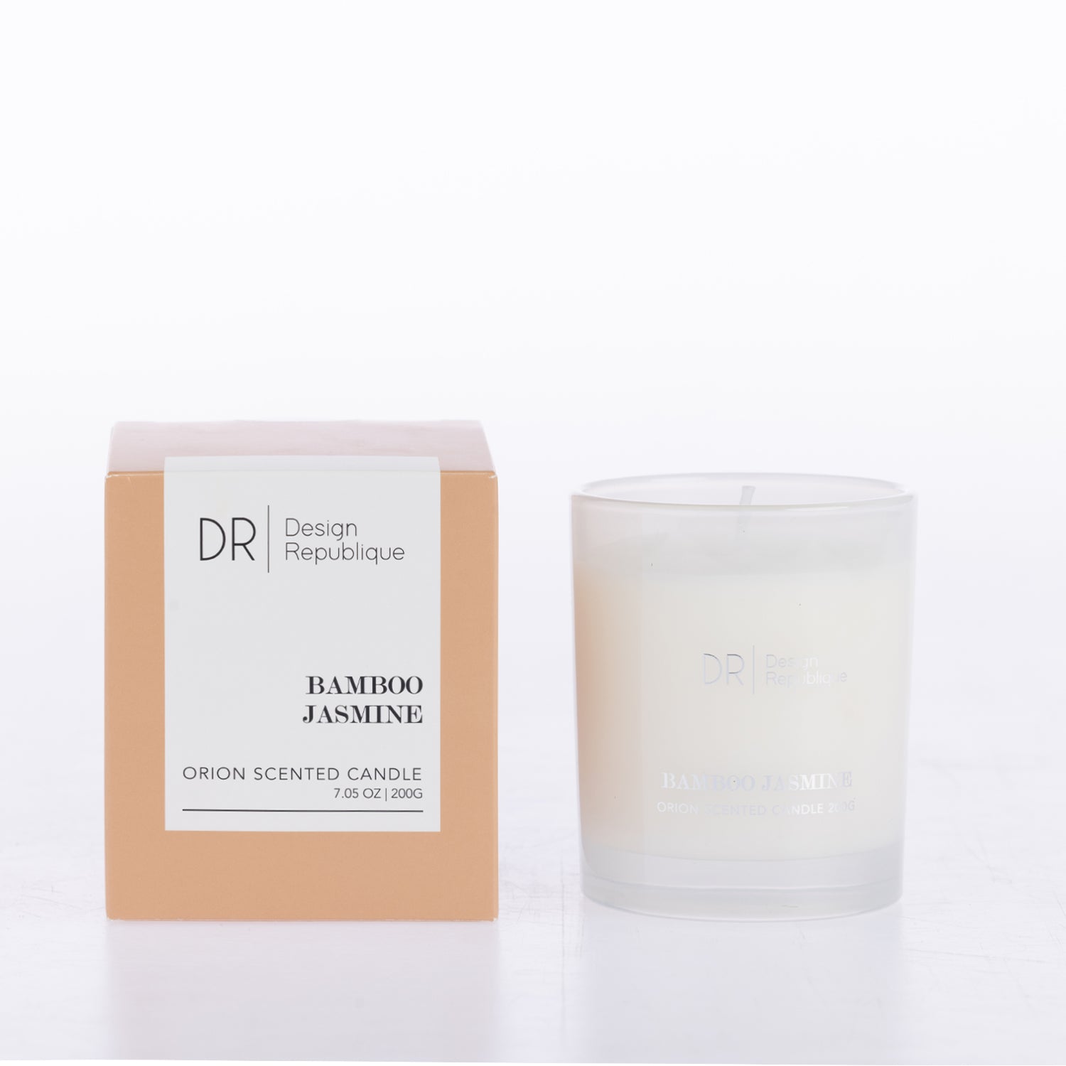 Design Republique Orion Scented Candle 200g in Bamboo Jasmine, presented in a frosted glass vessel with coordinating peach and white packaging.