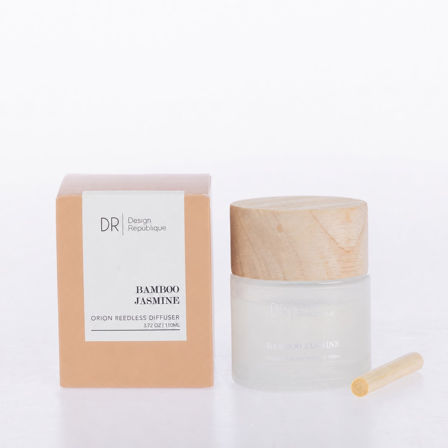 Design Republique Orion Reedless Diffuser in Bamboo Jasmine, featuring a frosted glass vessel, natural wood-look lid and bamboo diffuser insert, shown with coordinating packaging.