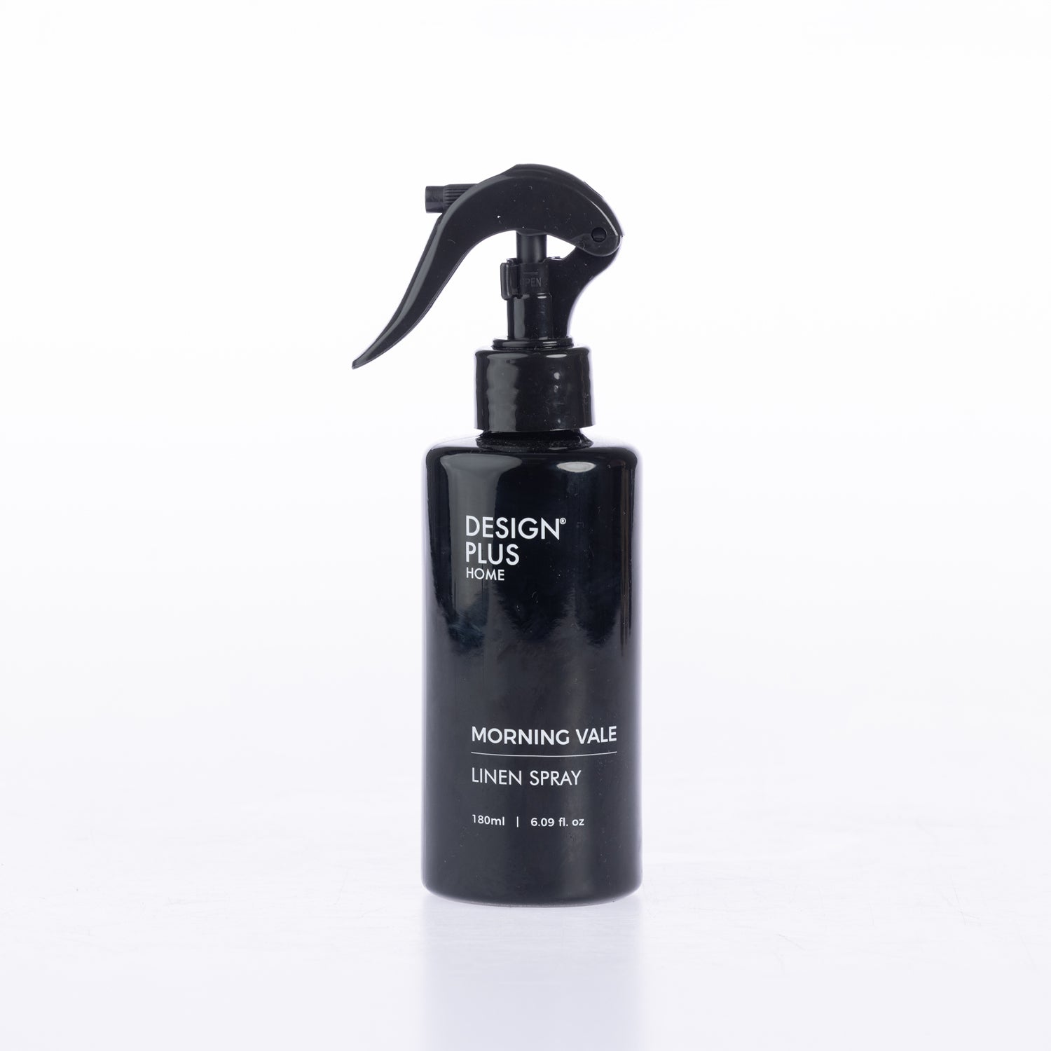 Design Plus Linen Spray 180ml in Morning Vale, presented in a clear spray bottle with black pump and coordinating label.