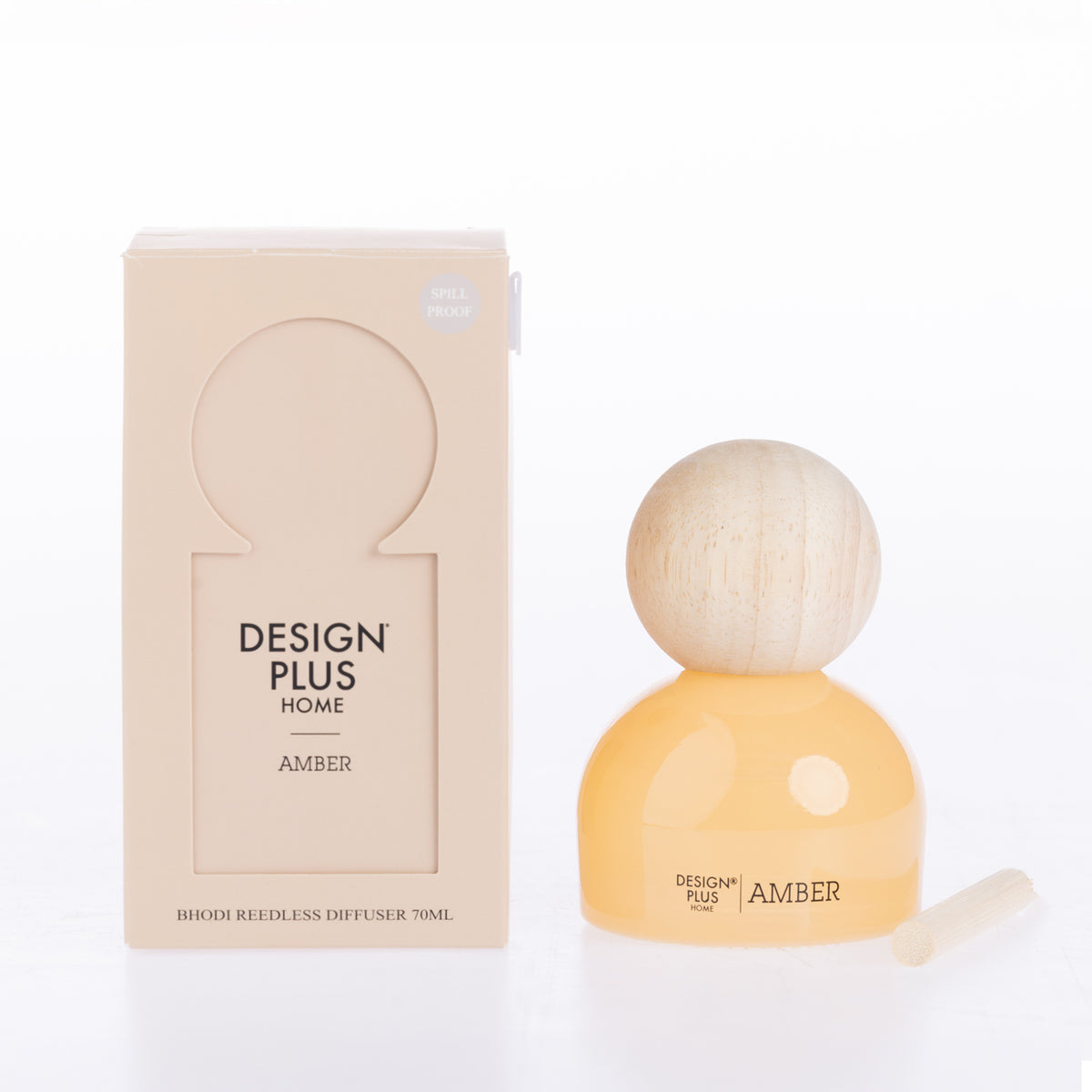 Design Plus Bhodi Reedless Diffuser 70ml in Amber, displayed in a decorative glass vessel with a flower-shaped diffuser top.