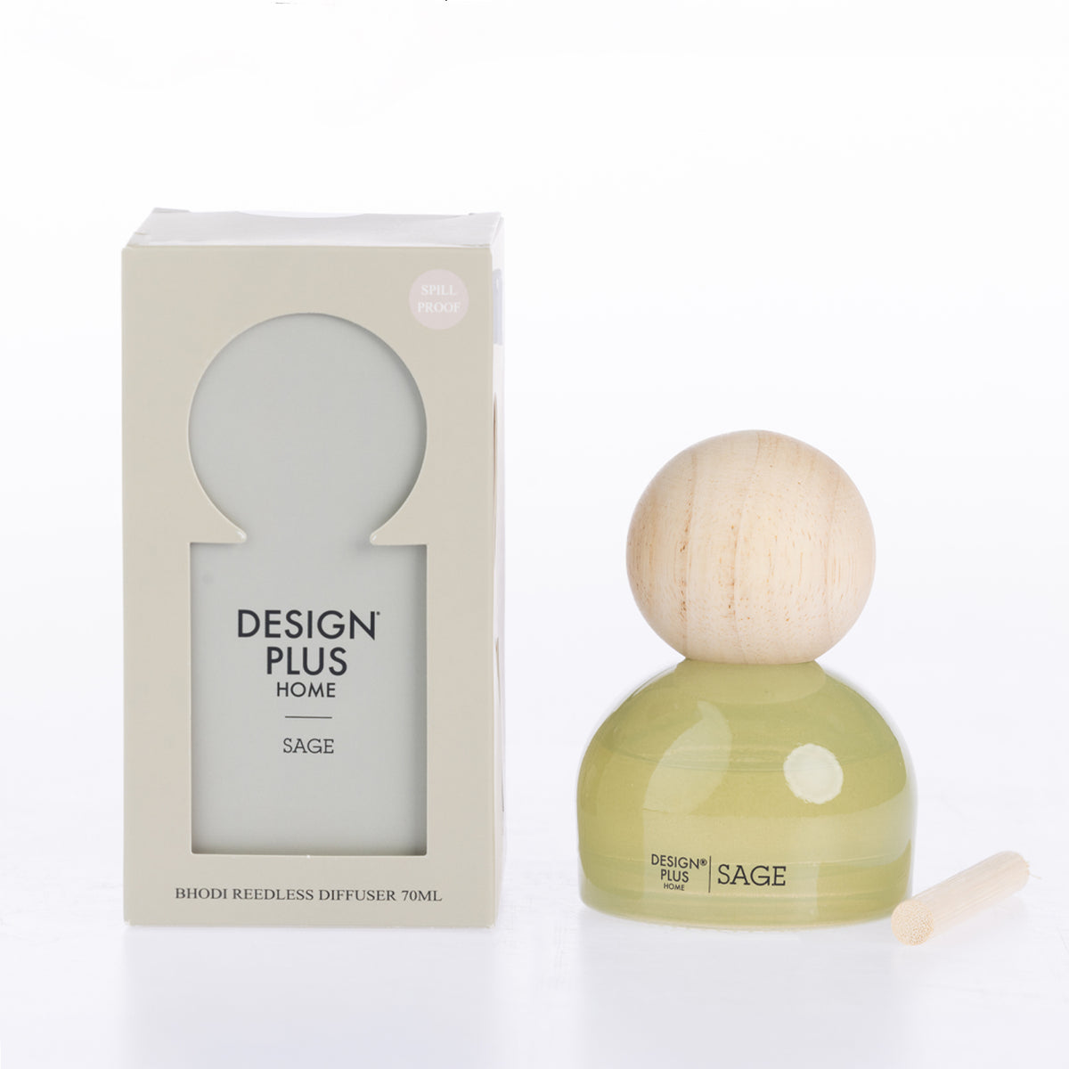 Design Plus Bhodi Reedless Diffuser 70ml in Sage, featuring a decorative glass bottle and flower-shaped reedless diffuser top.