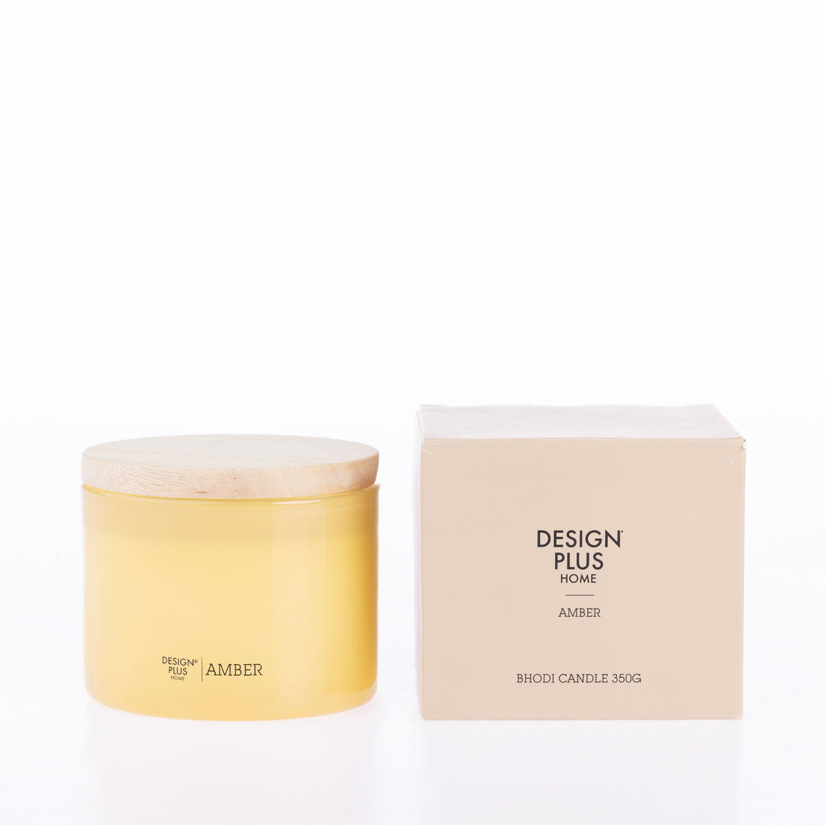 Design Plus Bhodi Candle 350g in Amber, displayed in a decorative glass vessel with a matching lid.