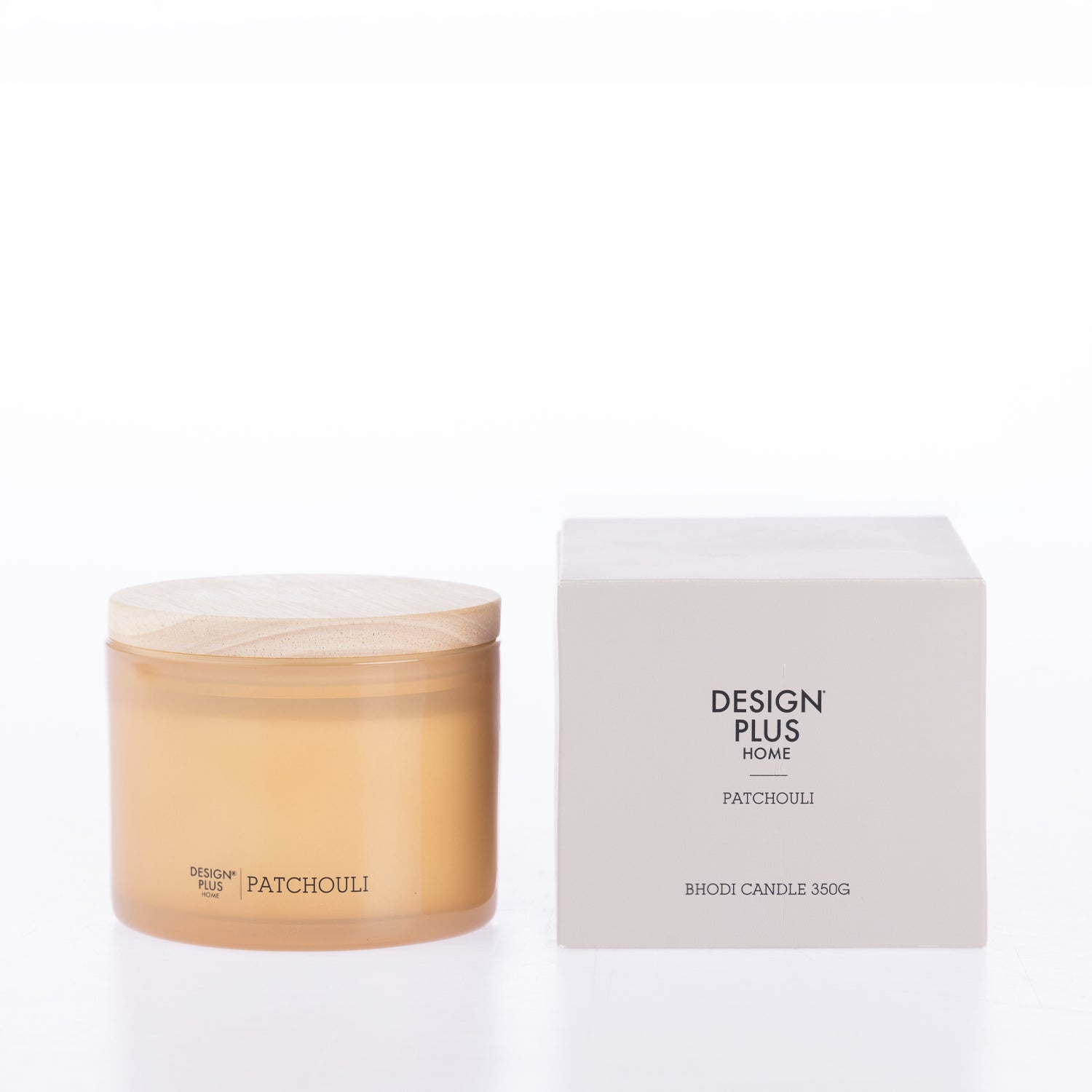 Design Plus Bhodi Candle 350g in Patchouli, presented in a decorative glass vessel with a matching lid.