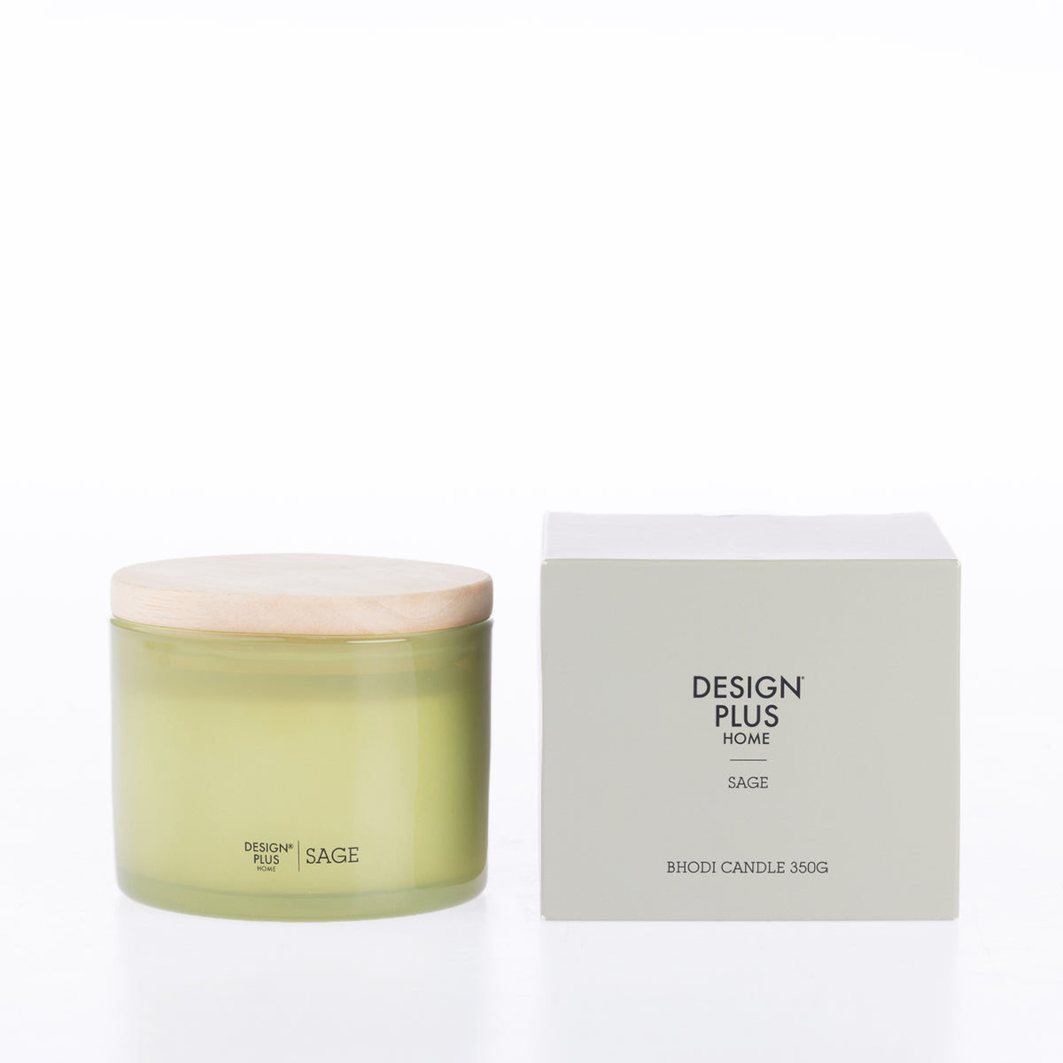 Design Plus Bhodi Candle 350g in Sage, featuring a decorative glass vessel with a matching lid.