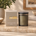 A Design Plus Home 'Musk' scented candle in a glass jar with a black lid, shown next to its cardboard box on a speckled stone surface.