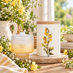 A frosted jar candle shown in a styled indoor setting with flowers.