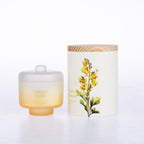 A frosted glass jar candle sits beside its matching cylindrical box packaging.