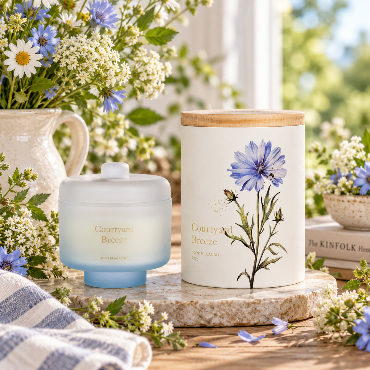 A frosted jar candle shown in a styled indoor setting with flowers.