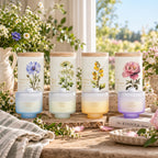 Four decorative glass jar candles with matching cylindrical holders are arranged on a stone surface, surrounded by flowers and greenery.