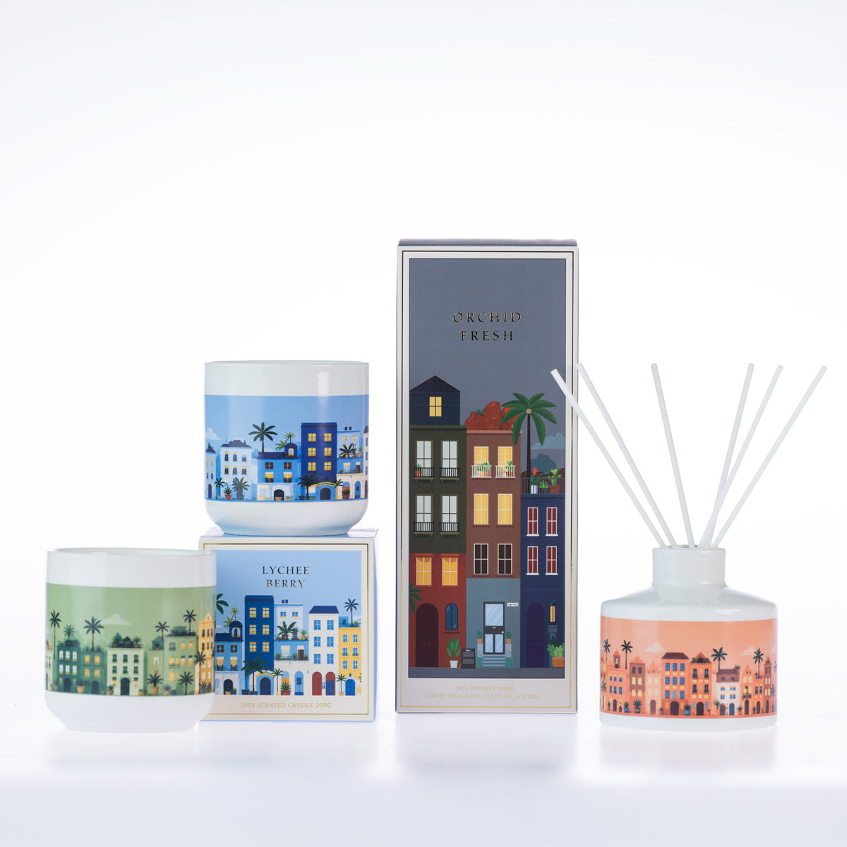 Design Republique Ines scented candle and diffuser range featuring colourful city-inspired illustrations and coordinating packaging.