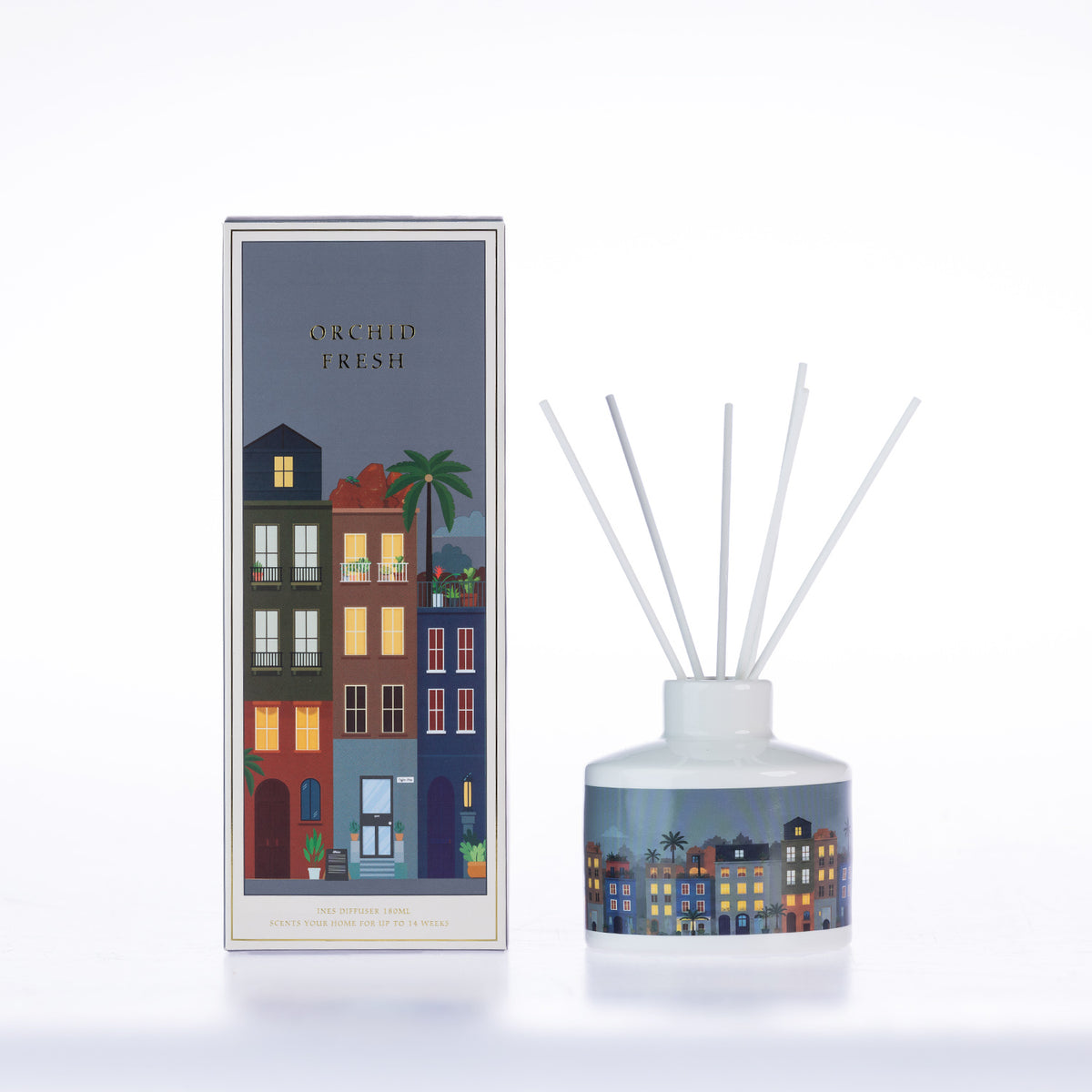 Design Republique Ines Orchid Fresh 180ml reed diffuser with white reeds, dark blue city illustrations and coordinating packaging.
