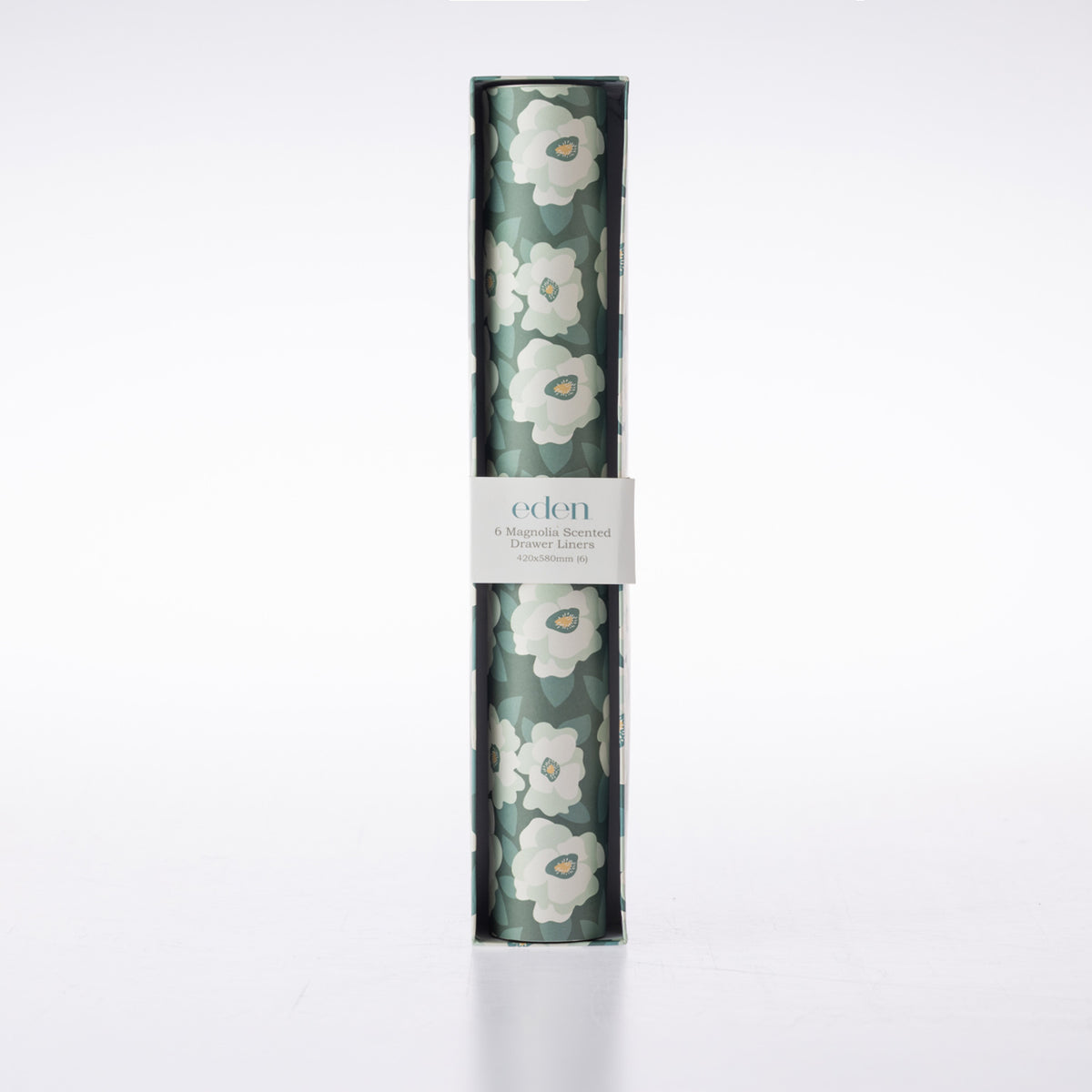 Eden Magnolia Scented Drawer Liners 6 Pack featuring a dark sage green background with large white magnolia flowers and green foliage, presented in matching open-front packaging.