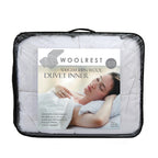 Woolrest 500gsm 100% Wool Duvet Inner in packaging with a clear bag and black handles and sides displayed on a white bacground