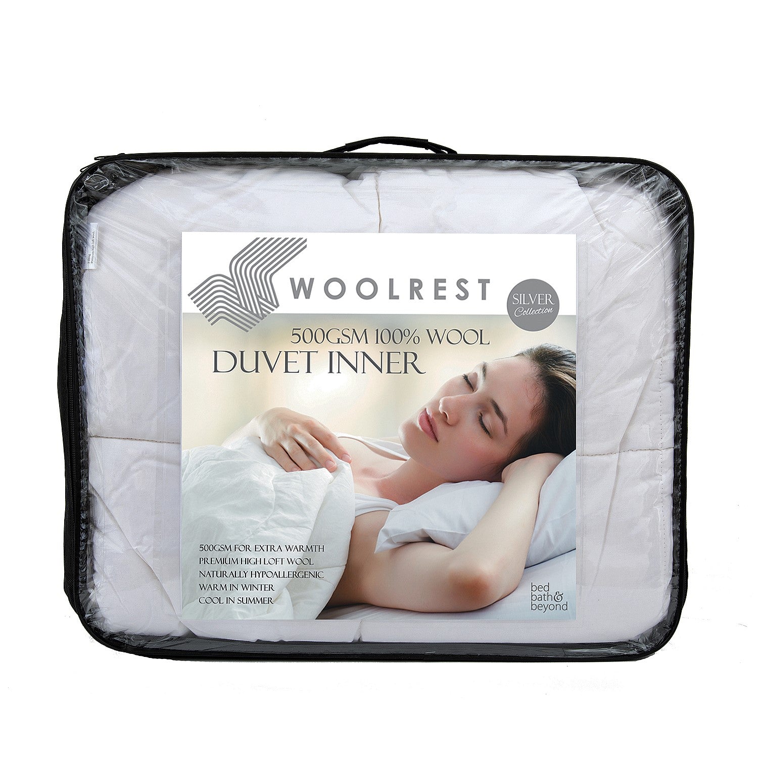 Woolrest 500gsm 100% Wool Duvet Inner in packaging with a clear bag and black handles and sides displayed on a white bacground