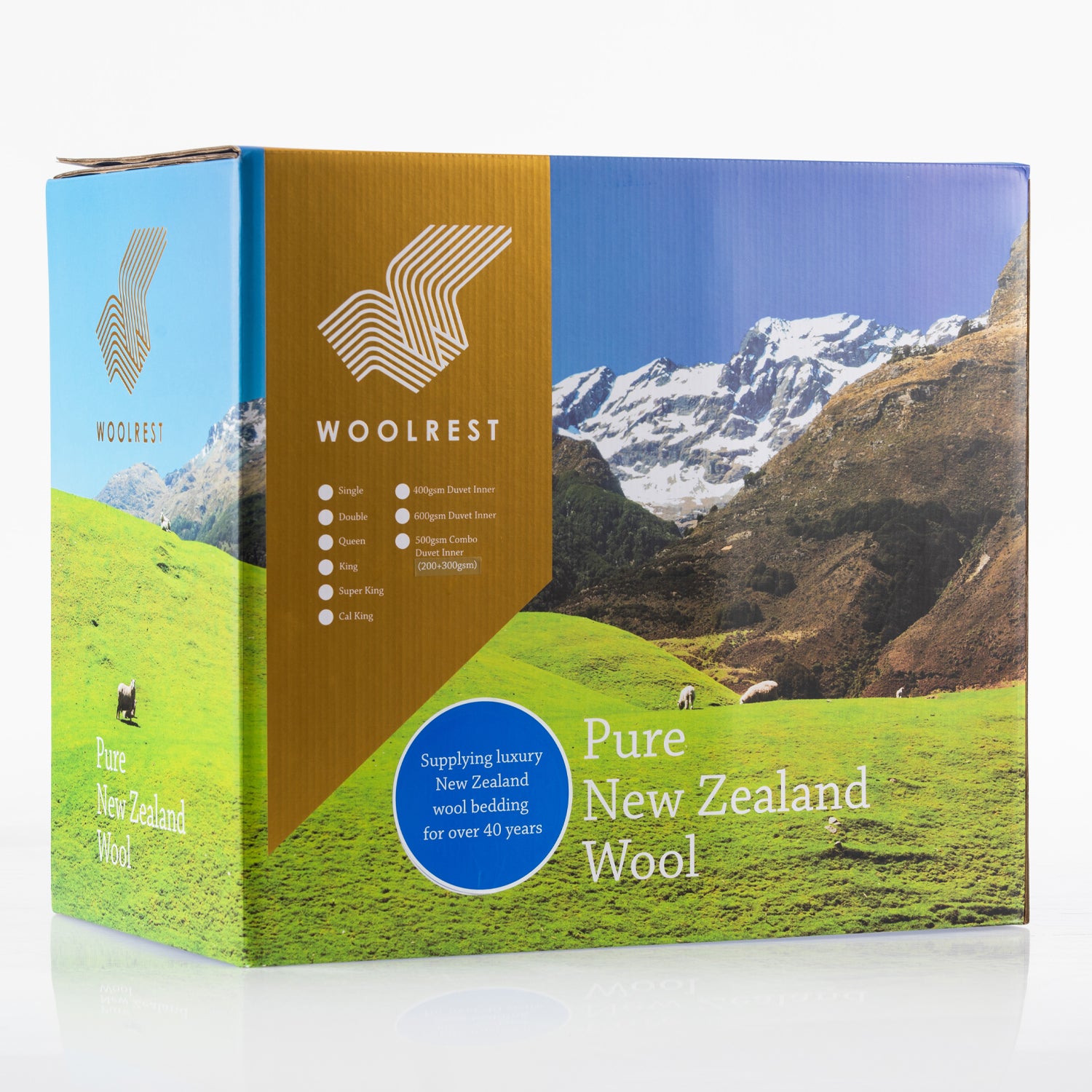 Woolrest 600gsm NZ Wool Duvet Inner in its packaging box with land and sheep on the box displayed on a white background 