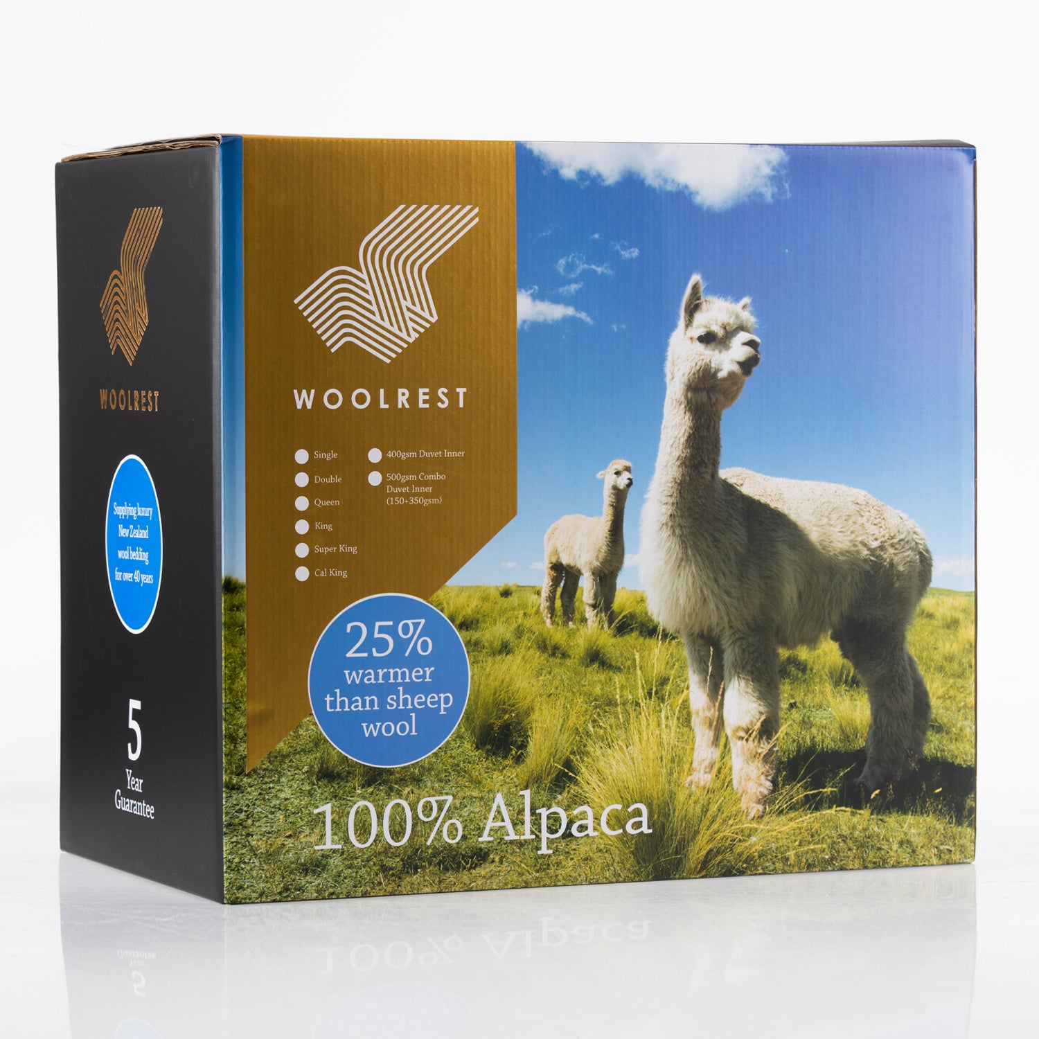 Woolrest 400Gsm Alpaca Duvet Inner in a box with an alpaca on the front of the box displayed on a white background 