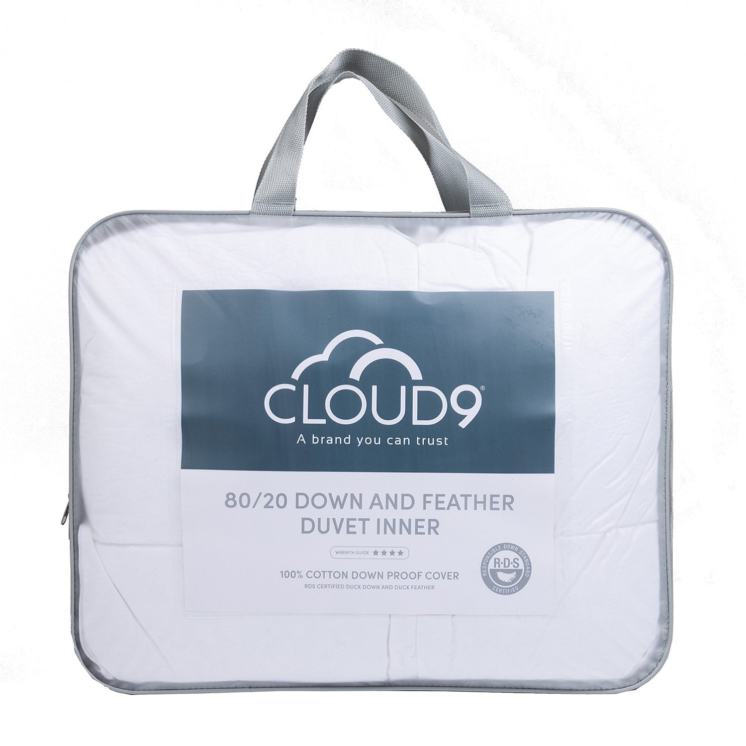 Cloud 9 80/20 Down and Feather Duvet Inner in packaging with a clear bag and grey handles and sides displayed on a white background