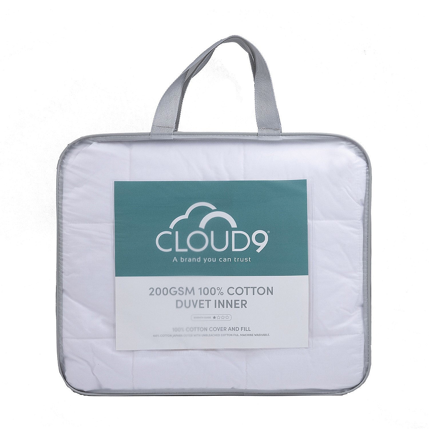 Cloud 9 200gsm 100% Cotton Duvet Inner in packaging with a clear bag with grey handles and label on the front displayed in a white background 