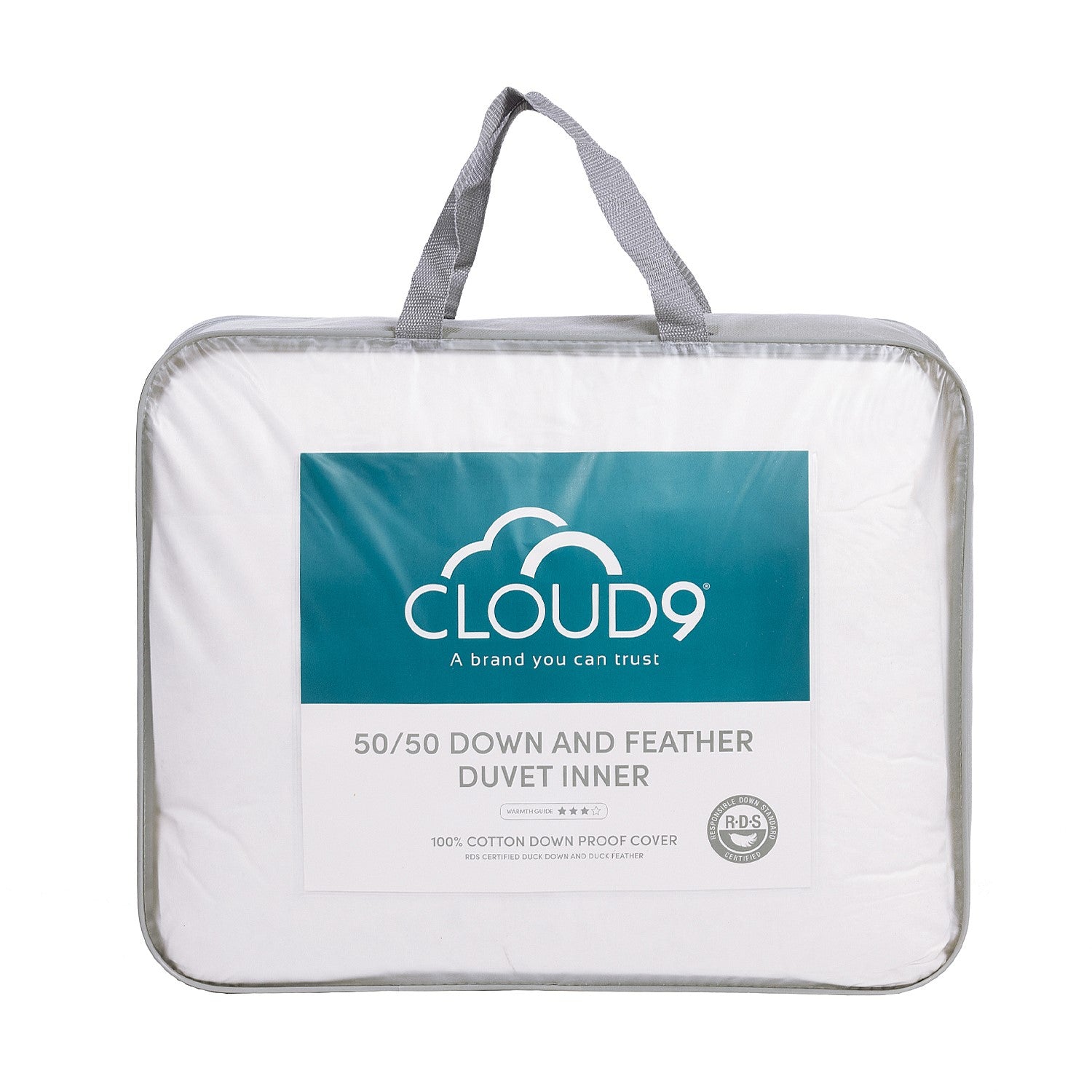 Cloud 9 50/50 Down and Feather Duvet Inner in packaging in a clear bag with grey sides and handles displayed in a white background