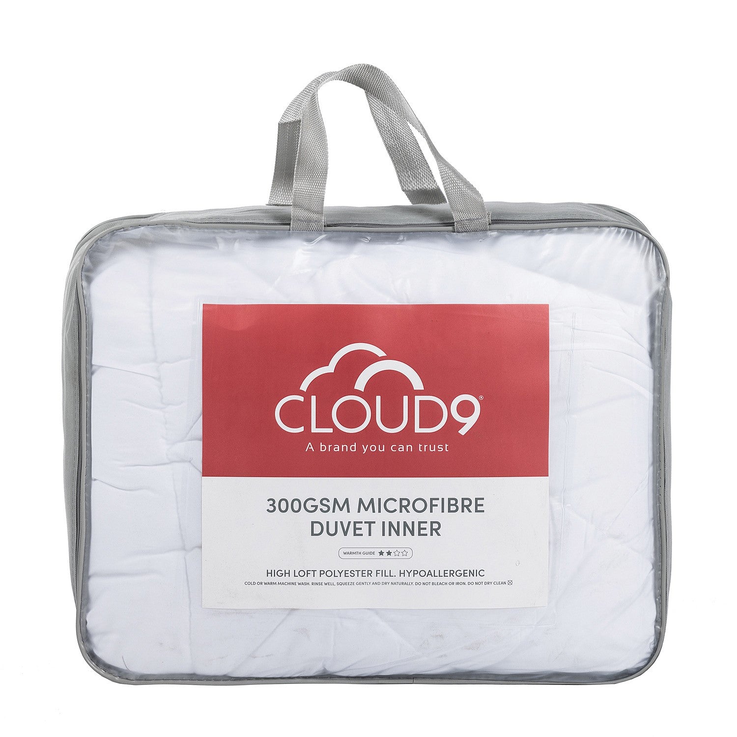 Cloud 9 300gsm Microfibre duvet inner in packaging clear bag with grey handles and sides displayed in a white background 