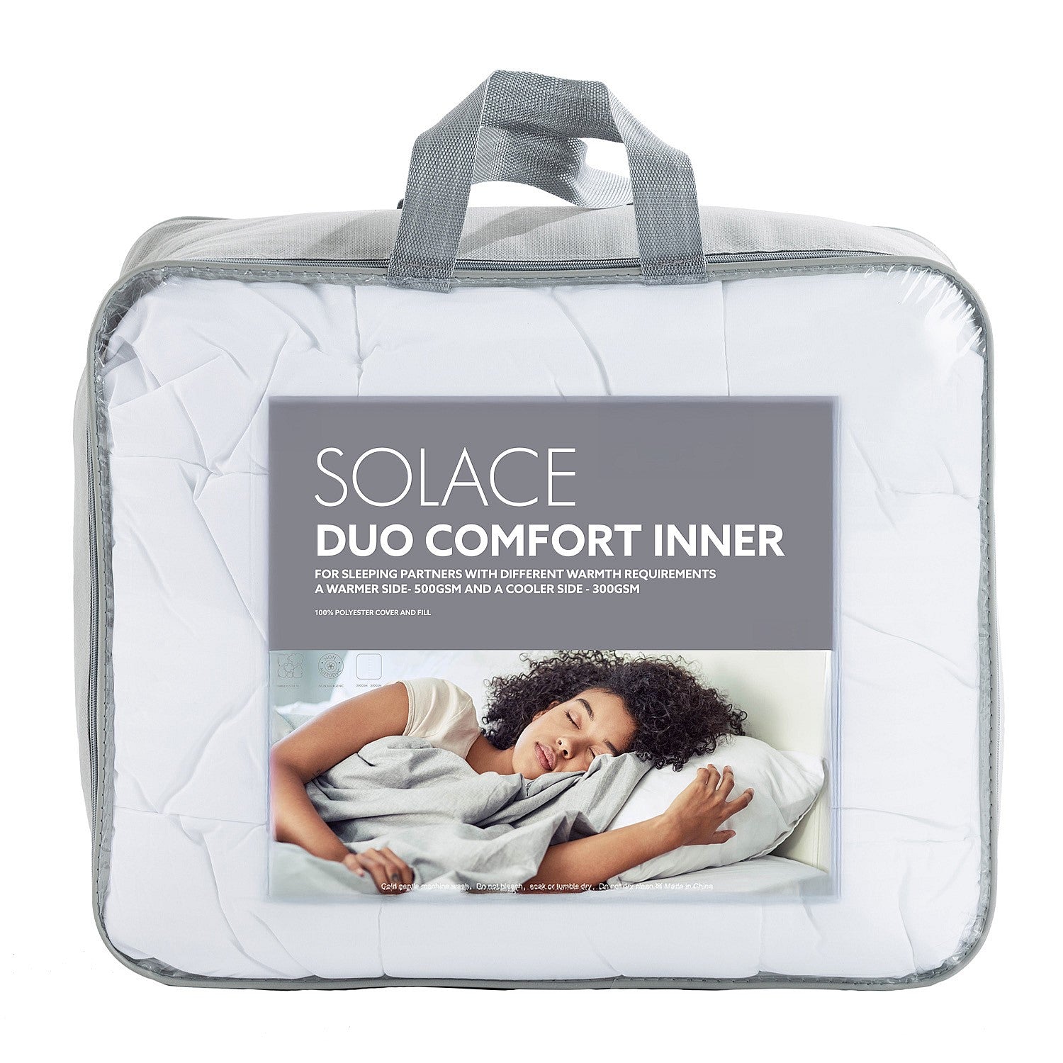 Solace Duo Comfort Duvet Inner inits packaging with grey handles and zip with the label on the front displayed on a white background